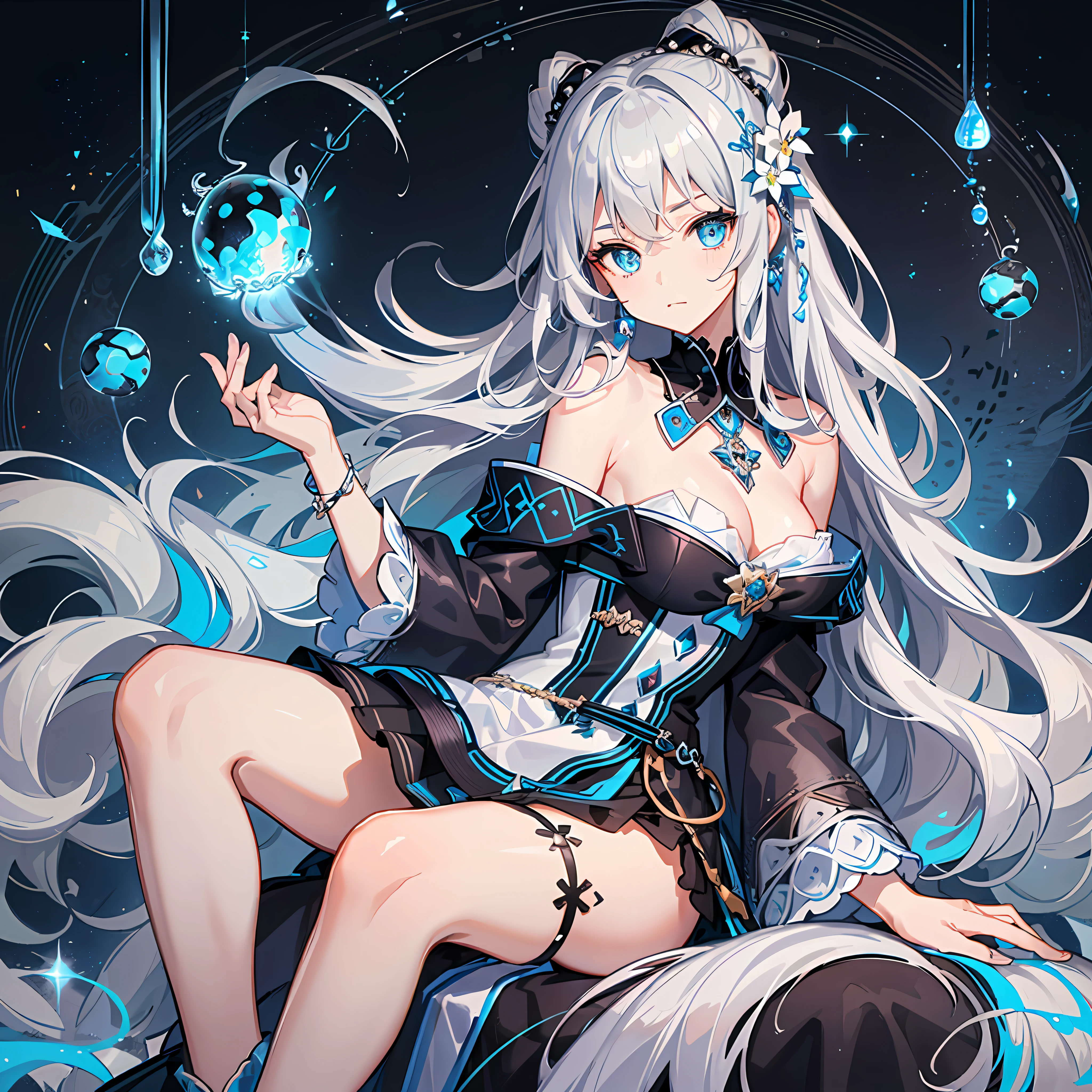 (white background:1.3),full body，
ink and wash painting,Tarot border,The portrait is centered,
The Big Bang,negative space,
a girl,solo,on a huge ((checkerboard)),
bare shoulders,flat_chest,cold face,blue and long eyelashes,diamond and glaring eyes,beautiful detailed eyes,
high ponytail,white hair,streaked hair,long hair,wavy hair,
(a silver triple crown inlaid with obsidian:1.3),(sit) on the sliver ((throne)),
a (blue magic circle) behind the girl,blue flowers,sapphire jevelry,
blue lolita,white stocking,martin boots,miniskirt,white leg rings,white panties,
[[delicate legs and hands:0.55]::0.85],
masterpiece, best quality, masterpiece,best quality,official art,extremely detailed CG unity 8k wallpaper, night, in summer, moon, huge_filesize, girl, bishoujo, miko, long hair, black hair, wet hair, asymmetrical hair, side braid, braided bangs, hair tie, butterfly hair ornament, cute face, beautiful detailed eyes, aqua eyes, light smile, shy, medium breasts, japanese_clothes, flower ribbon, pendant, head tilt, hair blowing