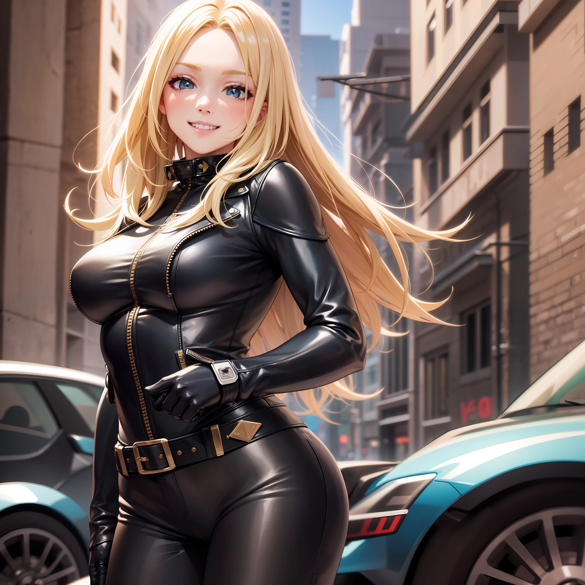 Bodysuit Leather Jacket Girl Blonde Smile Long Hair Best Quality Masterpiece