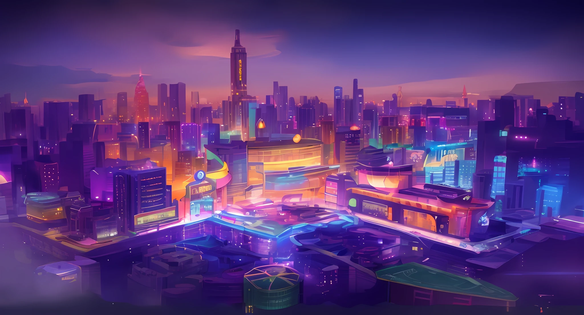 cartoon city scene, casino building, futuristic metropolis, neon lights, cityscape, gradient night sky, led screen on building, holographic display, skyline, skyscraper, macaron tones, right structure, right perspective, masterpiece, best quality, illustration, 8K, UDH, luminescism