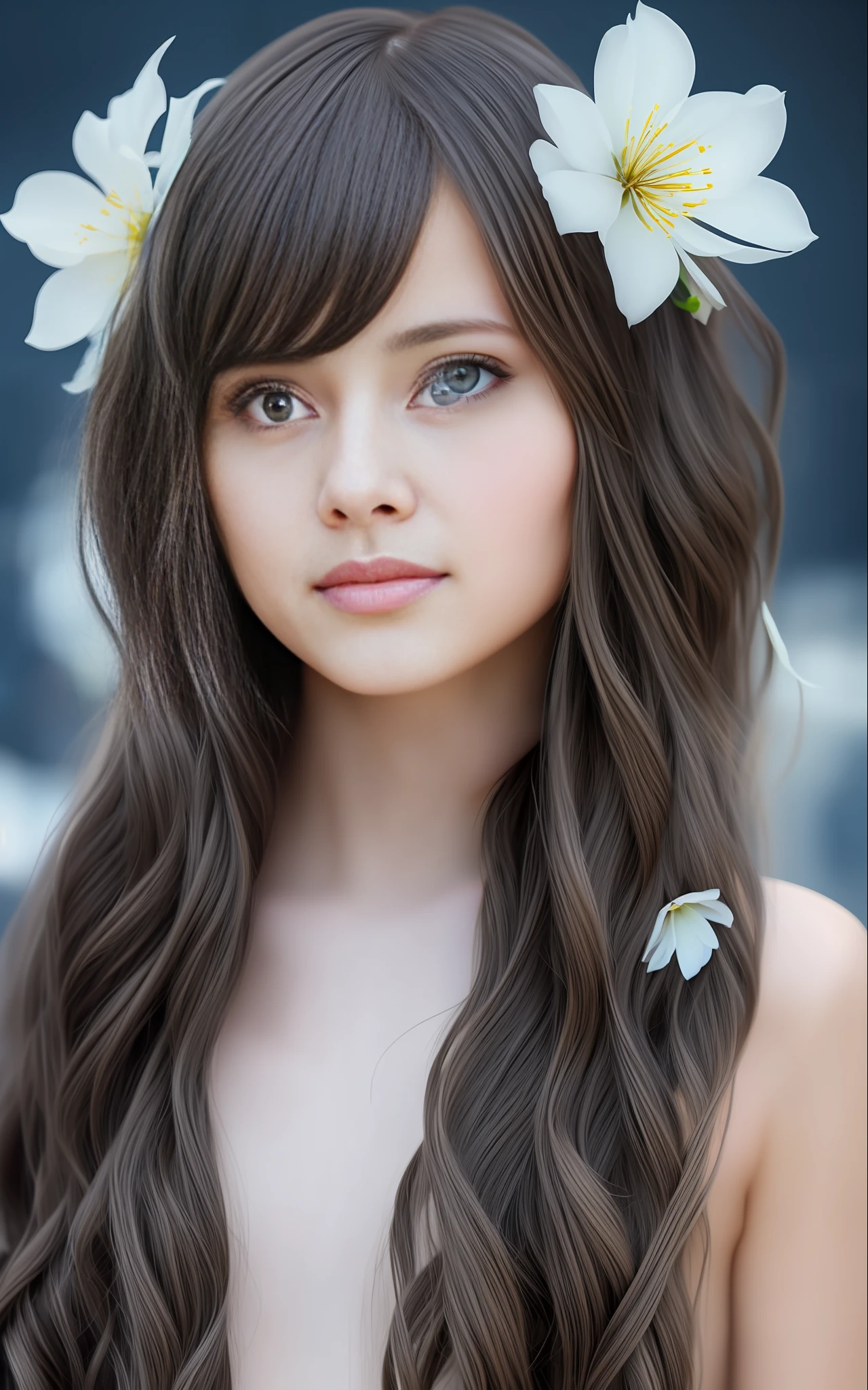 (masterpiece), realistic, (portrait of a girl), beautiful face, sunlight, cinematic light, bangs, a beautiful woman, beautiful eyes, black hair, perfect anatomy, very cute, princess eyes , (black eyes) , (frame the head), Centered image, stylized, bioluminescence, 8 life size,8k Resolution, white low-cut dress with small blue details, human hands, wonder full, elegant, approaching perfection, dynamic, highly detailed, character sheet, concept art, smooth, facing directly at the viewer positioned so that their body is symmetrical and balanced, stunningly beautiful age girl, detailed hairstyle,