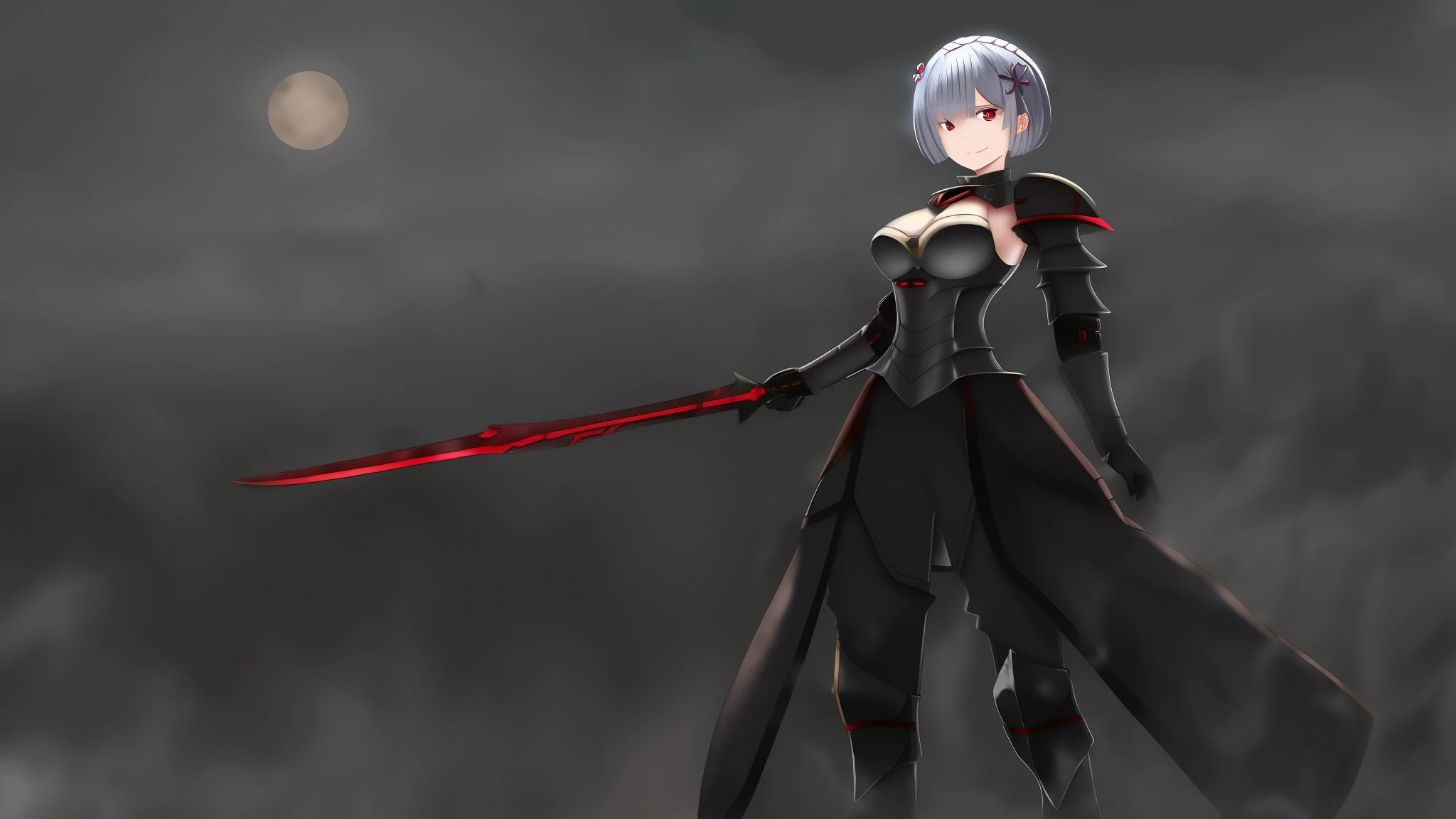 1girl, rem rezero, short hair, grey hair, red eyes, evil smile, medieval armor, holding sword,