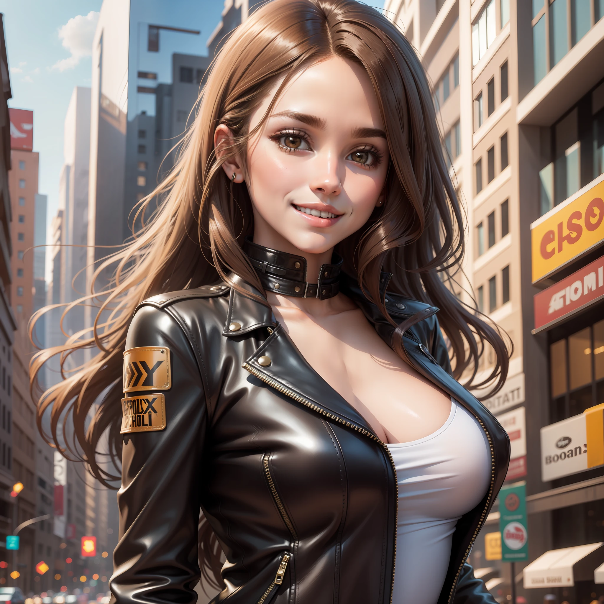 Bodysuit Leather Jacket Girl Brown Hair Smile Long Hair Best Quality Masterpiece