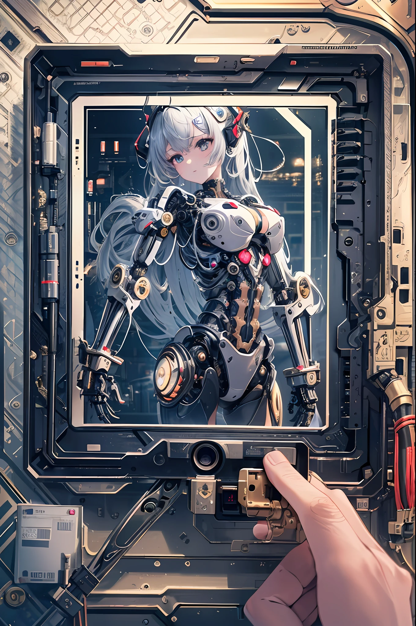 Top quality, masterpiece, intricate details, super detailed, highly detailed 8K wallpaper, machine girl, (mechanical eye), in production, semi-made machine body, machine limbs, whole body, (removed mechanical limbs), fully mechanized of the lower body, working robot arm, cable connected to the head, cable connected to the body, electronic circuit, factory,