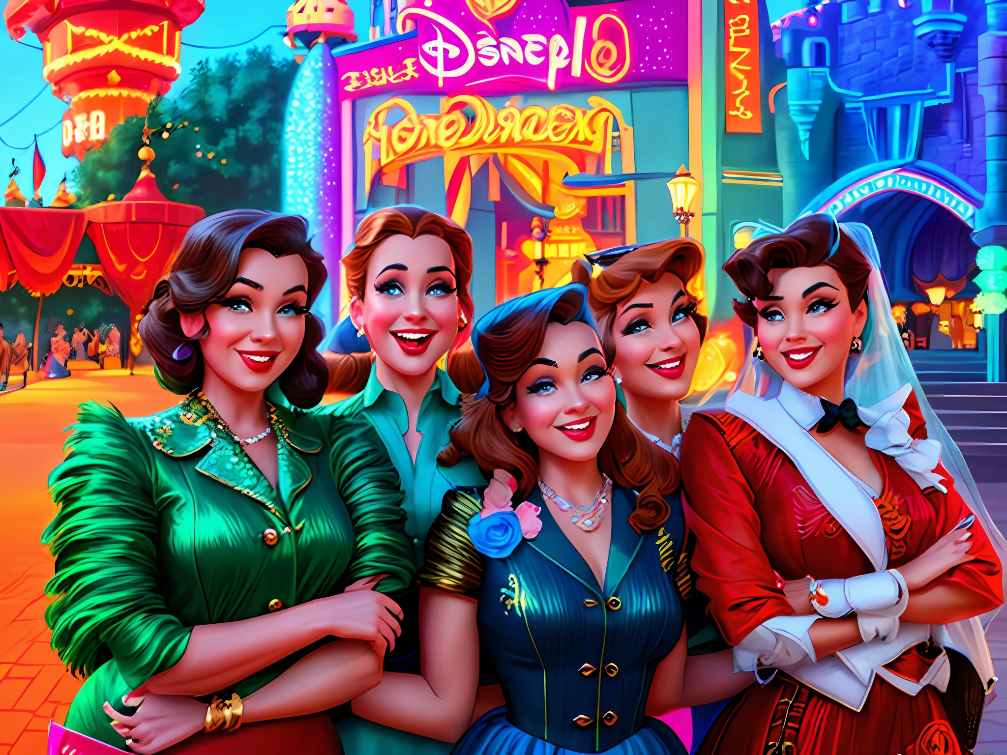 there are four women dressed in costumes posing for a picture, promotional art, all cast members, disney artstyle, photorealistic disney, official illustration, movie promotional image, walt disney style, disney art style, disney render, 1950s vibes, stylized digital illustration, disney character style, promotional render, 1 9 5 0 s concept art, official artwork