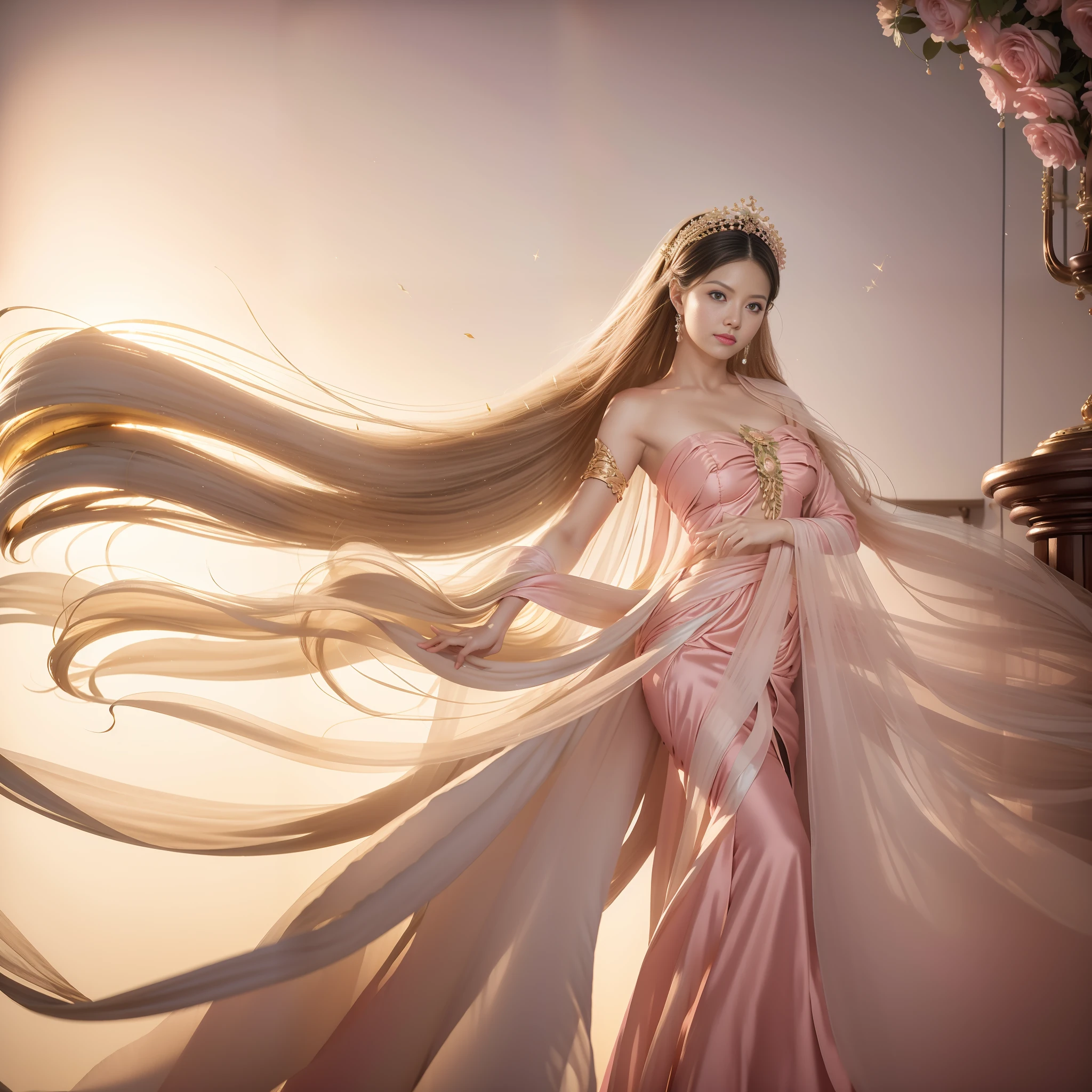 particles, wind, sea of roses, an extremely delicate and beautiful, amazing, fine details, official art, absurd, incredibly ridiculous, huge file size, super detailed, extremely detailed, beautiful meticulous girl, 1 girl, (perfect female figure), full body, middle breasts, simple background, looking at the audience, long curly windblonde hair, milky way, backlight, edge light, beautiful artwork, perfect composition, pink clothes