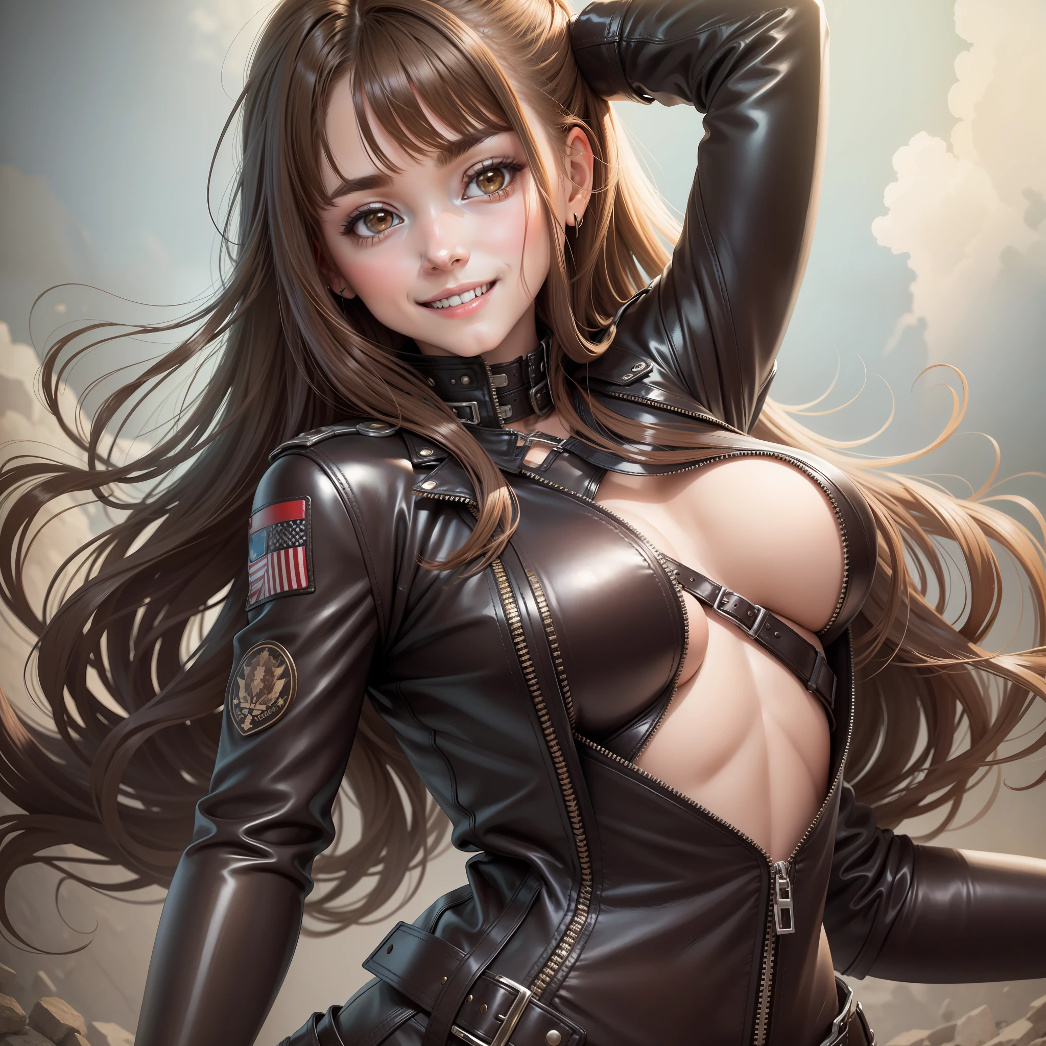 Bodysuit Leather Jacket Girl Brown Hair Smile Long Hair Best Quality Masterpiece