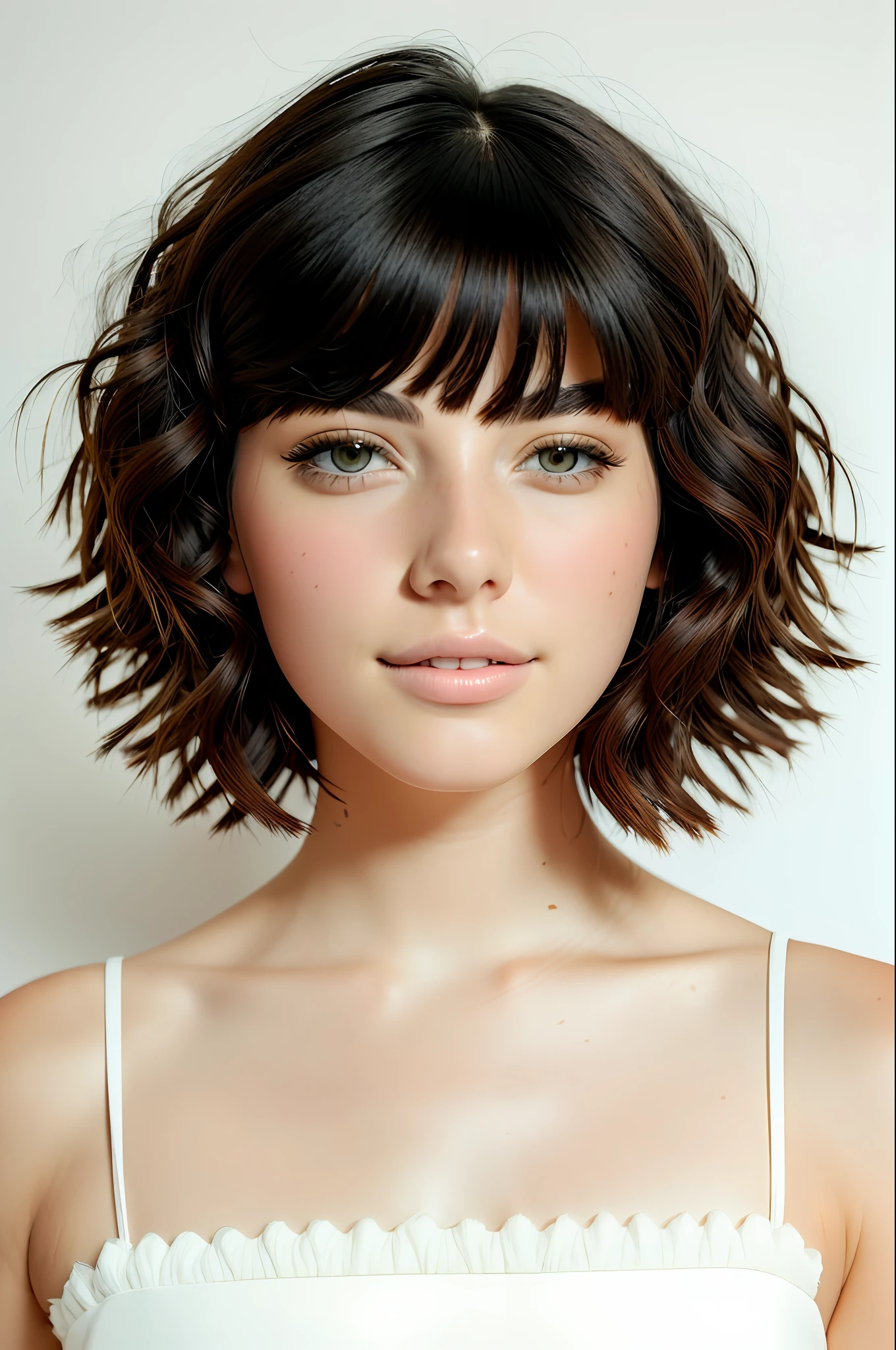 (RAW photo, highest quality), (realistic, realistic: 1.4), 1girl, high quality, (high detail skin: 1.42, fluffy eyes, colorful hair, (bright room: 1.3), (rim lighting: 1.3), (dimly lit: 1.6), (bright dawn: 1.3), indoor, portrait, black hair, pastel background, short hair,