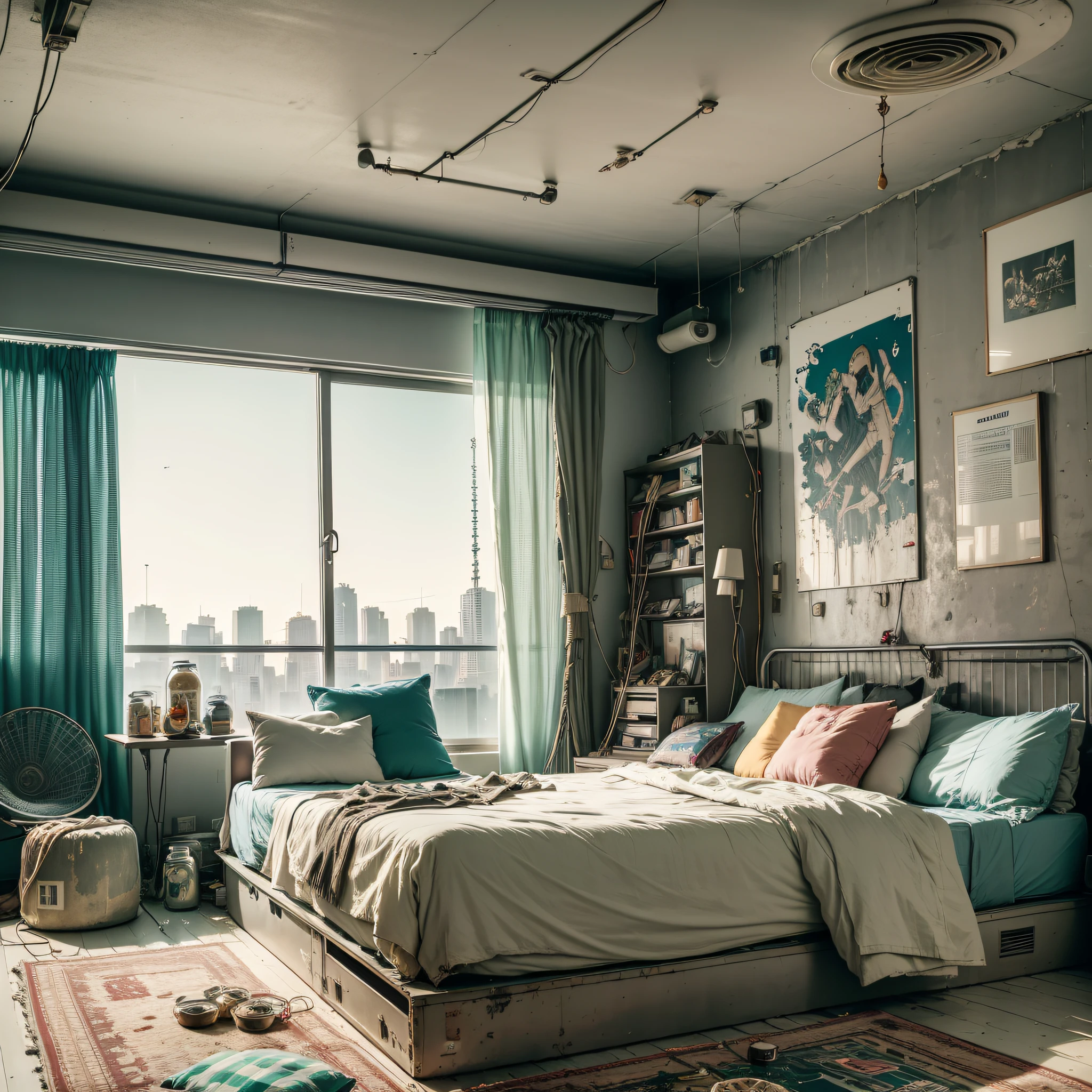 Dirty rooms, retro old sofas, windows, twilight, junk food, jars and cans of cup noodles and drinks littered, garbage cans overflowing. The walls are bare with cables and wiring, only the appliances are futuristic, sparkling dust is flying around the room, HD, 8K, masterpiece, real texture. --auto --s2