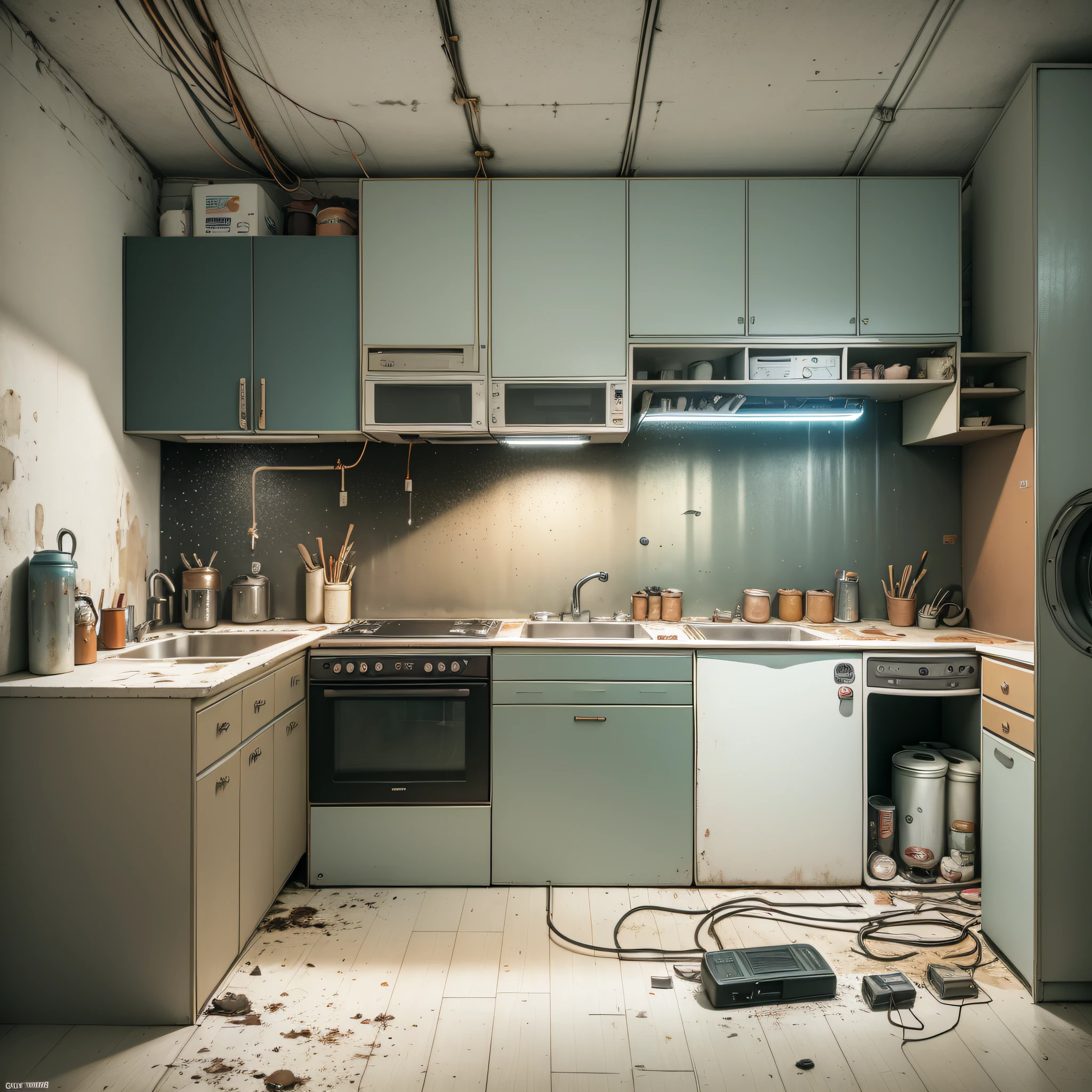 Dirty rooms, retro old sofas, windows, twilight, junk food, jars and cans of cup noodles and drinks littered, garbage cans overflowing. The walls are bare with cables and wiring, only the appliances are futuristic, sparkling dust is flying around the room, HD, 8K, masterpiece, real texture. --auto --s2