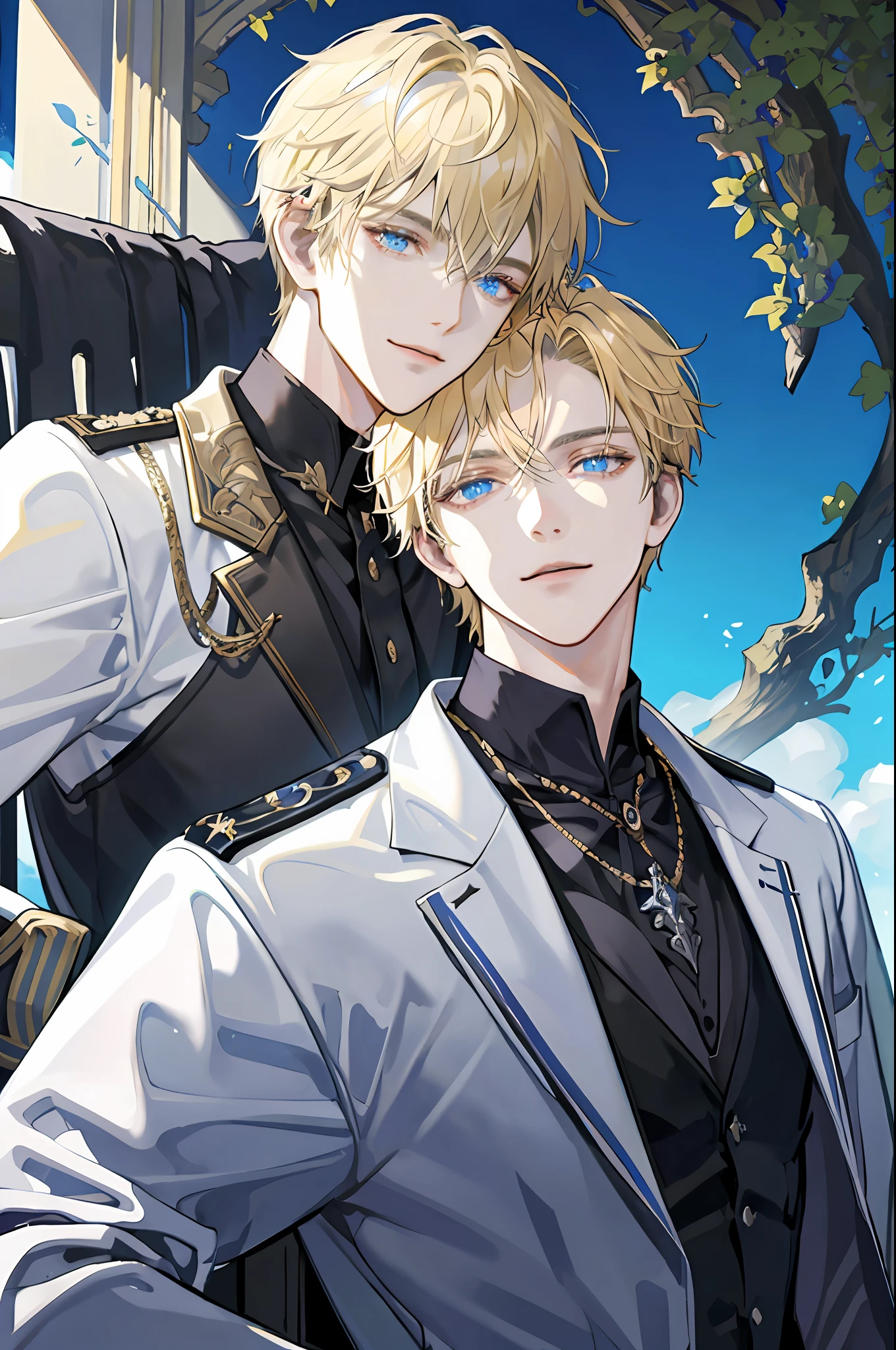 ((Masterpiece: 1.2, top quality)), ((2 men)), short blond hair, blue eyes (handsome: 1.4), white suit, uniform, royalty, tough black knight, short black hair, golden eyes, scar on right eye, black armor, fantasy, forest, blooming flowers, sunlight, fantastic light and shadow, landscape, highly detailed face, portrait, smile