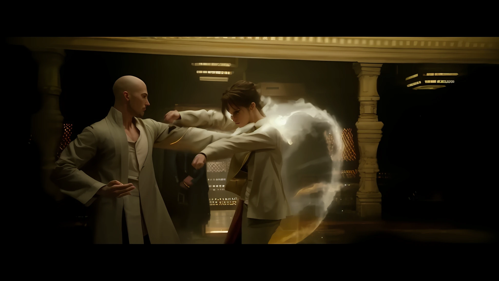 arafed image of a man and a woman in a room, epic fight scene, fight scene, cinematic mid shot fight, choreographed fight scene, epic scene from marvel movie, film still from 'doctor strange', film still from'doctor strange', vfx action shot, epic vfx shot, sauron fighting saruman, vfx shot
