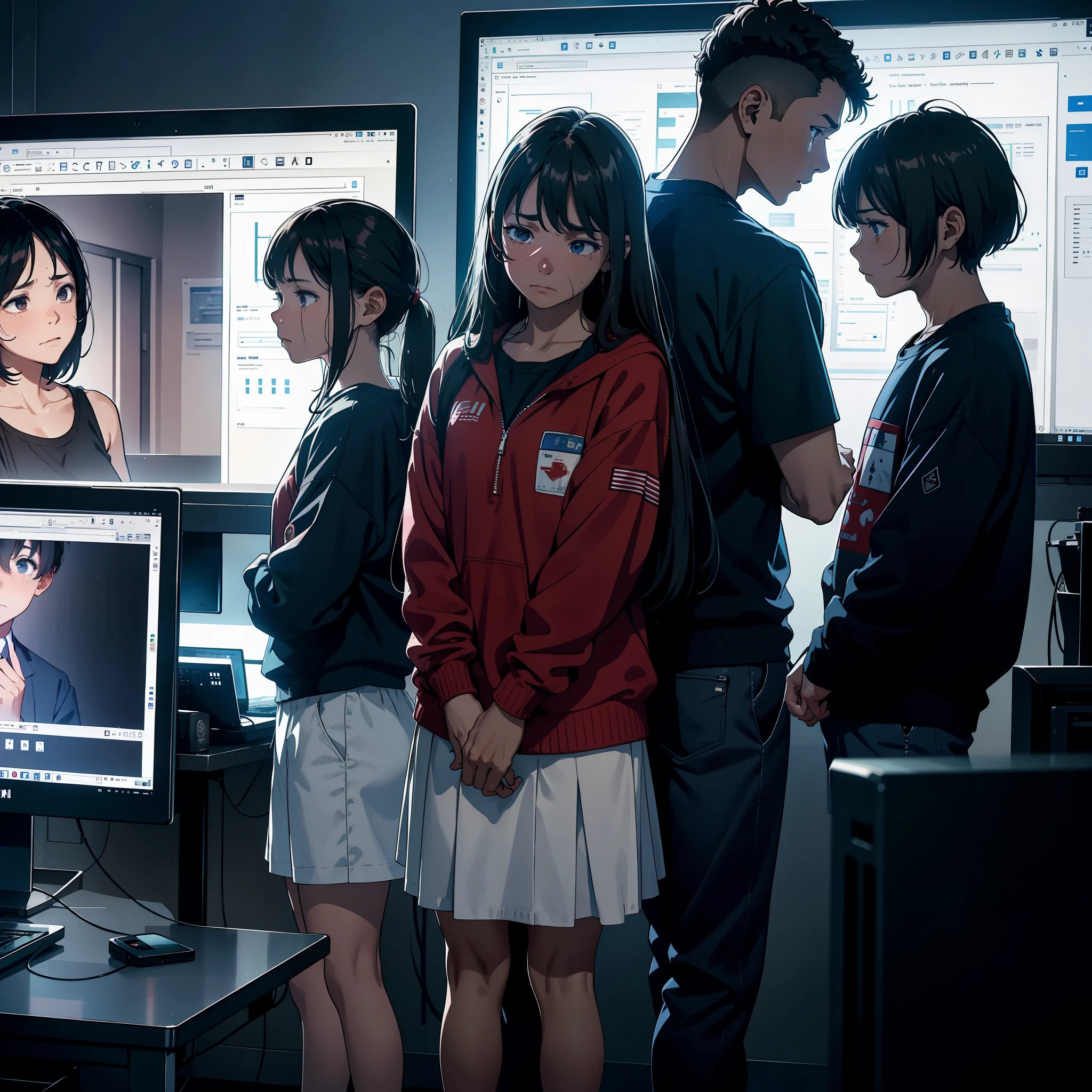 A group of people stood in front of the computer screen crying, tearful, both men and women, in the room