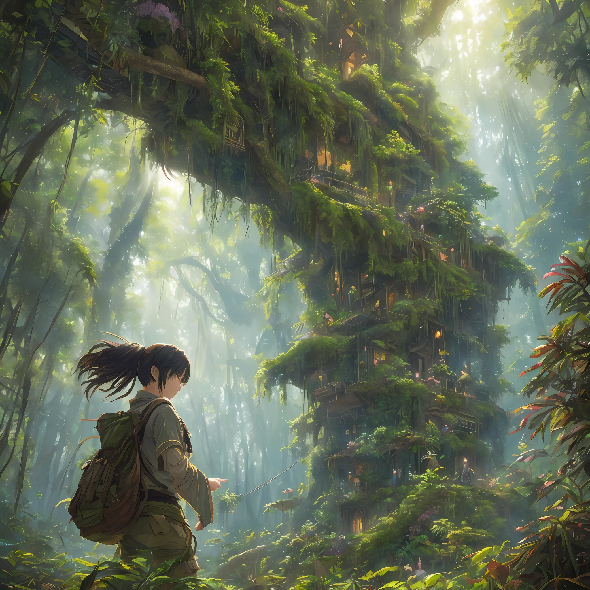 Digital illustration, detailed and intricate, of a dense jungle filled with exotic plants and animals, the sunlight filtering through the canopy creating a dappled effect. In the style of Yoshitaka Amano and Hayao Miyazaki, masterpiece, proportional, detailed, trending on artstation, beautiful lighting, realistic, intricate, award winning, 4k, highest quality Award-winning, 4K digital painting in the style of Yoshitaka Amano. Detailed and intricate depiction of a zombie apocalypse, masterfully capturing the chaos and drama of the scene. Beautiful lighting and cinematic composition make this piece a true masterpiece, trending on artstation --auto --s2