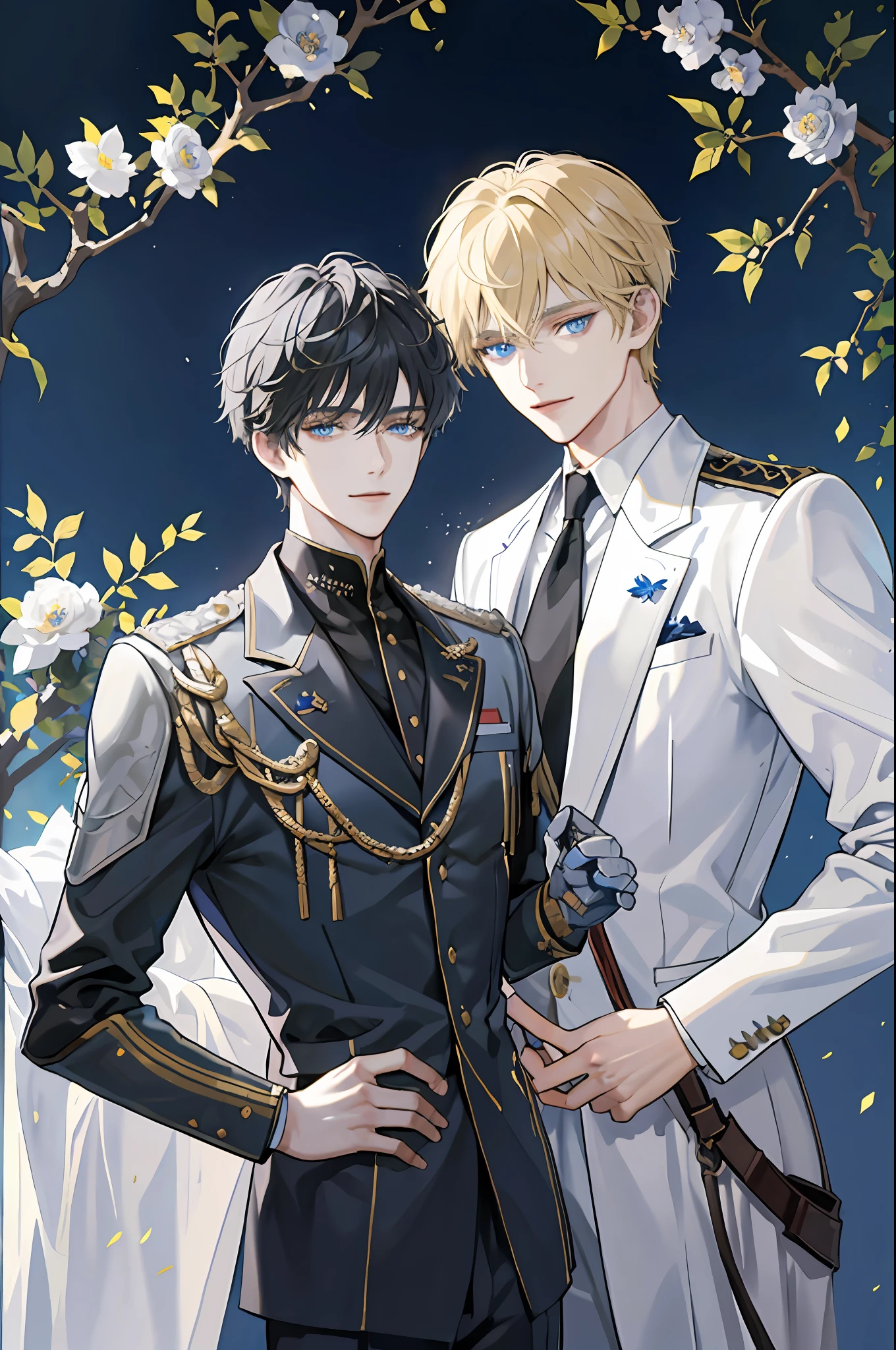 ((Masterpiece: 1.2, top quality)), ((2 men)), short blond hair, blue eyes (handsome: 1.4), white suit, uniform, royalty, tough black knight, short black hair, golden eyes, scar on right eye, black armor, fantasy, forest, blooming flowers, sunlight, fantastic light and shadow, landscape, highly detailed face, portrait, smile