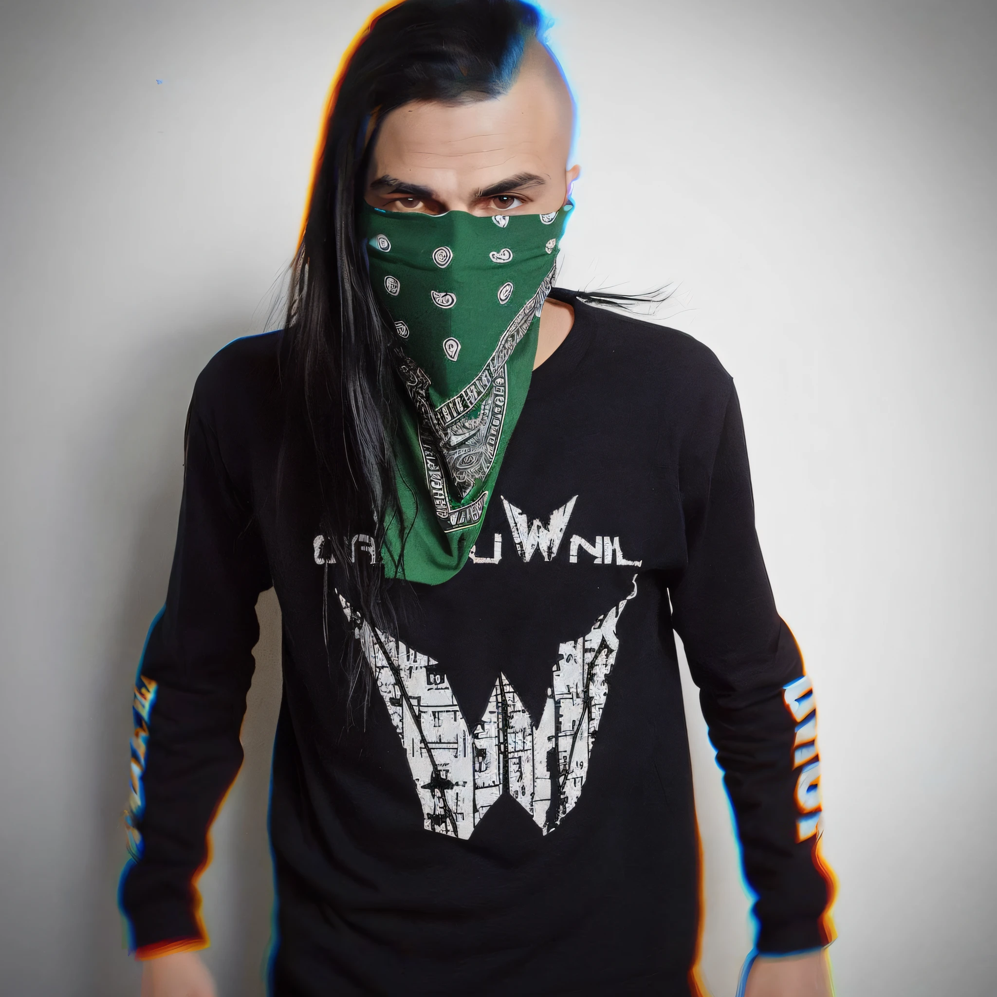 arafed man with a green bandana on his face, black bandana mask, wearing bandit mask, wearing cyberpunk streetwear, deiv calviz, cyberpunk streetwear, bandana, wearing all black mempo mask, green facemask, biopunk clothes, green saliva, minimal black skull warpaint, bandanas, diesel punk, techwear occultist
