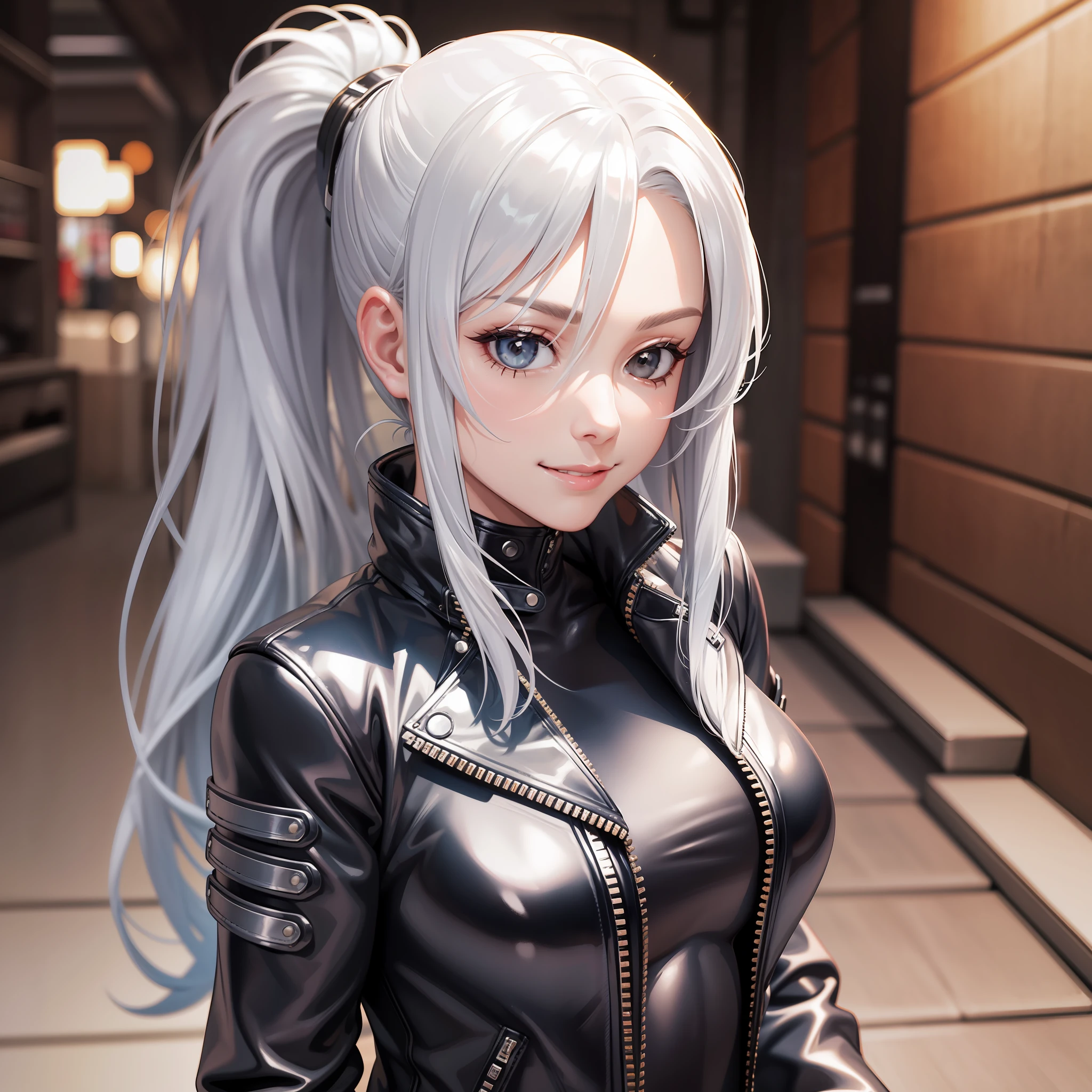 Bodysuit Leather Jacket Girl Silver Hair Smile Long Hair Ponytail High Quality Masterpiece