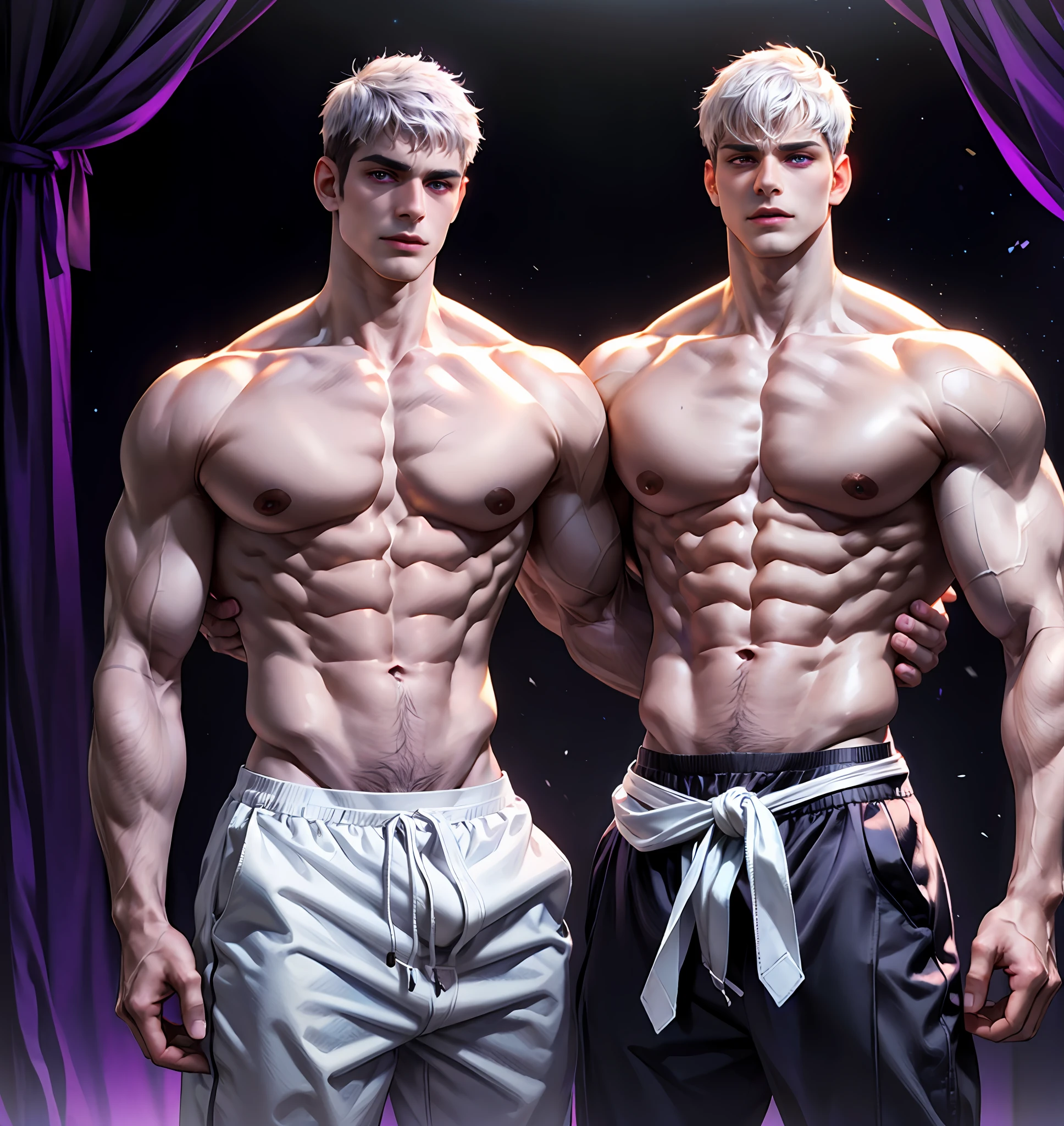 (masterpiece), best quality, expressive eyes, perfect face, handsome male with dark skin and his color is (white:1.4) messy short hair, purple eyes, with a strong jawline and muscular physique, he is shirtless with black pants, a glowing ancient multiple halos behind his head.
black and purple background.
sexy pose.
handsome face with strong jawline and sexy.
white hair.
his body is perfect with good anatomy.
musculad body, big body.
realism.
realistic lights.
veins.
the lighting is at the left.