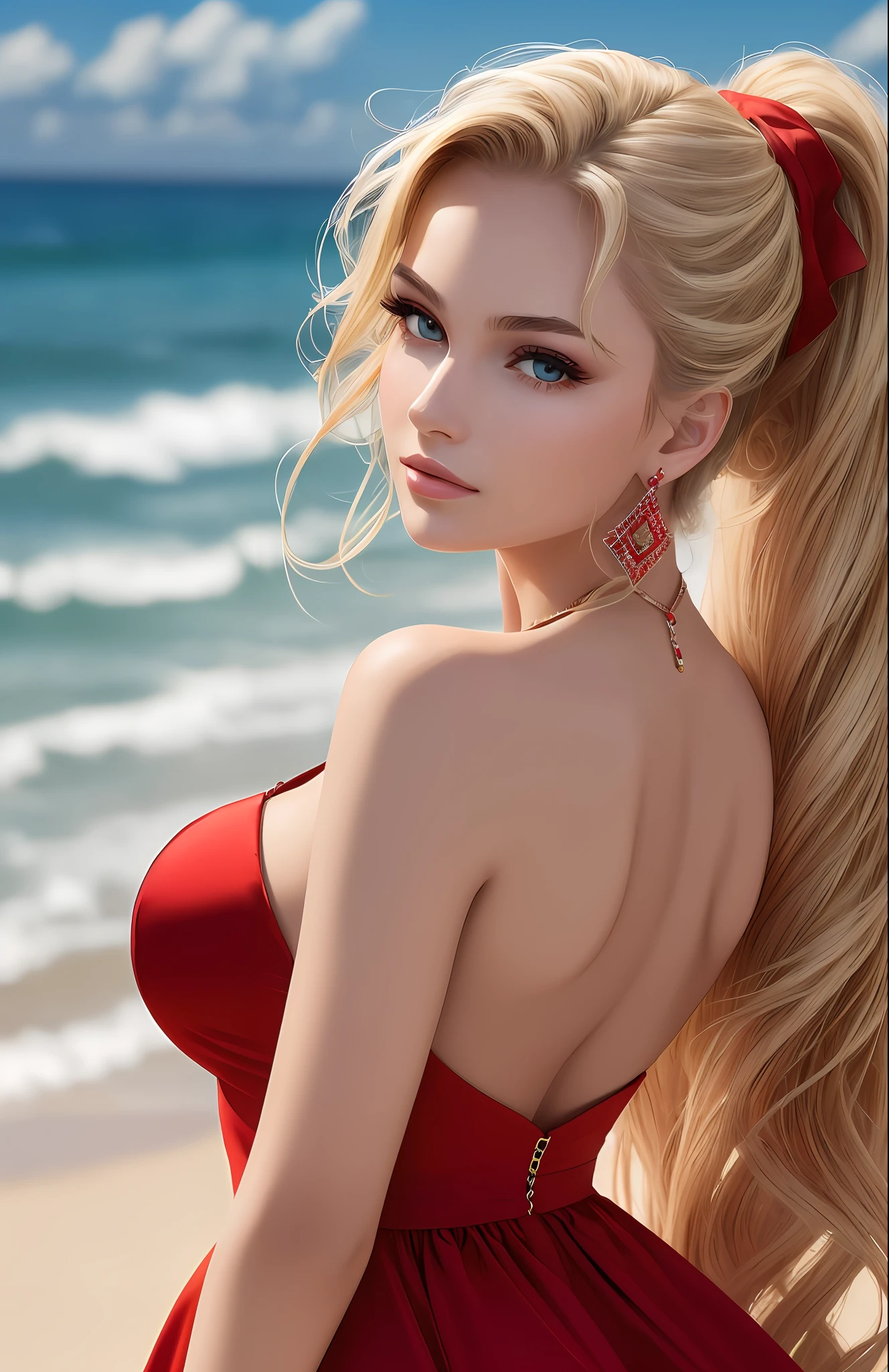 (red dress by Carolina Herrera: 1.3), (a very elegant young woman: 1.2), (voluminous ponytail hairstyle, blonde hair), long hair, (provocative smile: 1.2), ((Half body photo: 1.2)), (beautiful back: 1.1), (night beach in the background: 1.2), BREAK (Masterpiece: 1.3), (Max resolution: 1.4), (Ultra HDTV: 1.2), Ultra HDTV, (Detailed eyes and skin), (Detailed facial features),  HDR, 8k resolution, Sharp focus: 1.2, Perfect style, beautiful face, highly detailed face and skin texture, detailed eyes, double eyelids, thin eyebrows, bright eyeliner: 1.2, pale cheeks, shiny skin, fair skin: 1.2, small shiny without neck and earrings, bright lips: 1.2 --auto --s2