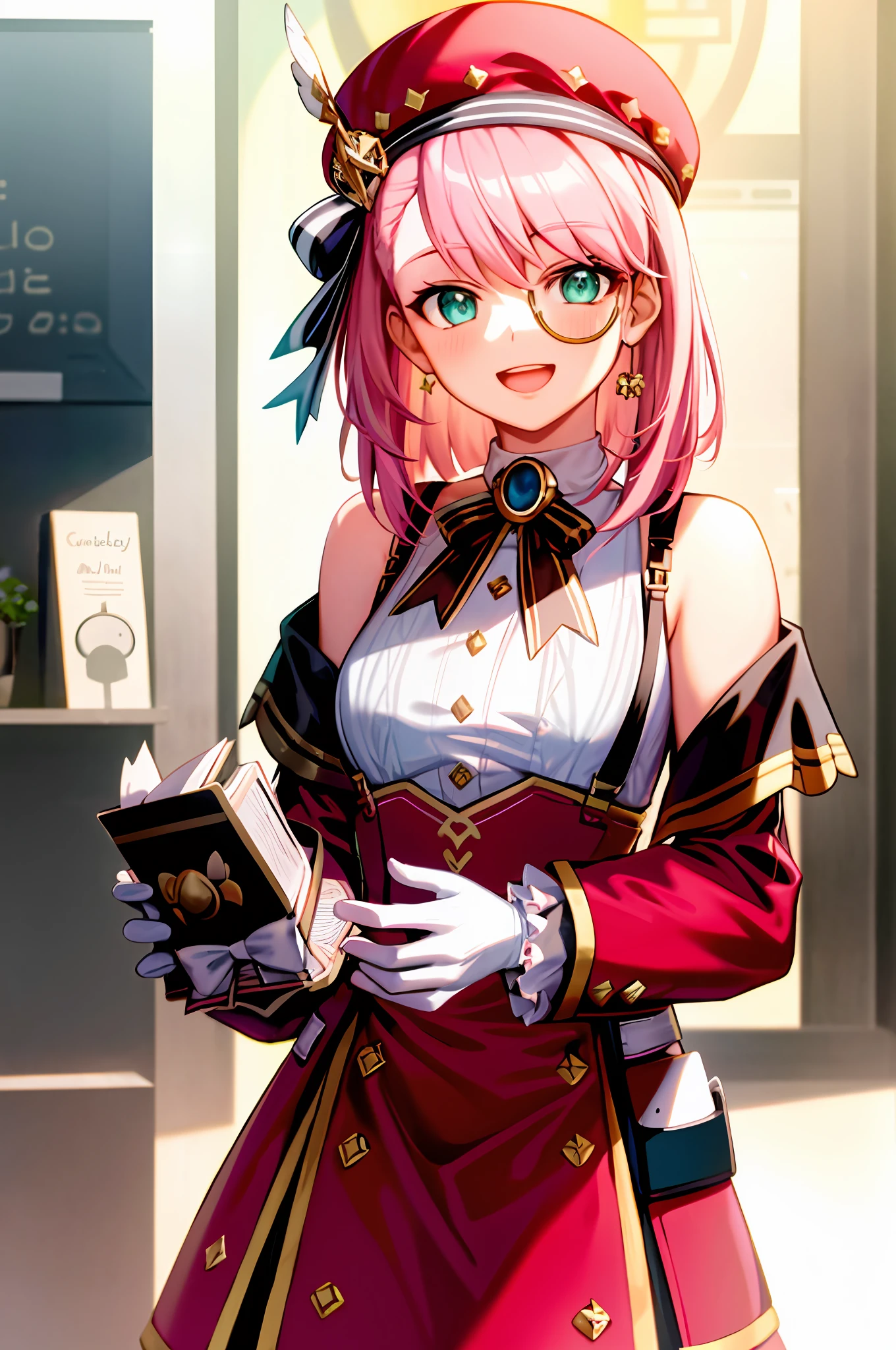 Masterpiece, Best Quality, (chibi) 1girl, Holding,Camera,Solo, Hat, Pink hair, Monocular, Red hat, Holding, Smile, Gloves, Open mouth, Watch viewer, White gloves, Bare shoulders, Bangs, Hair between eyes, Green eyes, Shirt, :d, Cabby hat, Long sleeve, Upper body, Bow, Twitter username, Upper teeth only, Medium hair, White shirt, Teeth, Blush, Sleeveless, Ribbon, Book, Short Hair, Off Shoulder, Round Eyewear, Holding Book, Sleeveless Shirt, Glasses, Black Bow, Detached Sleeves, Jewelry, Virtual YouTuber, Aqua Eyes
