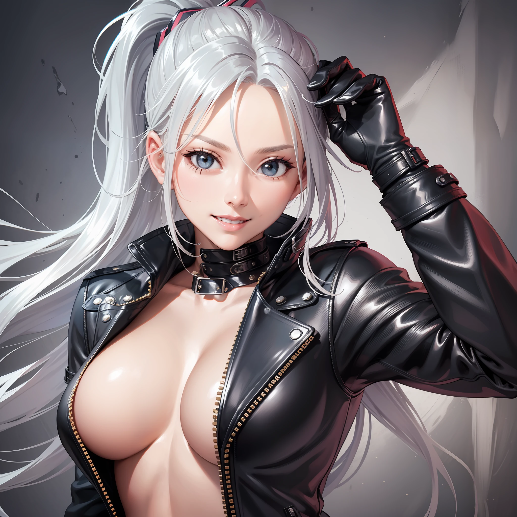 Bodysuit Leather Jacket Girl Silver Hair Smile Long Hair Ponytail High Quality Masterpiece