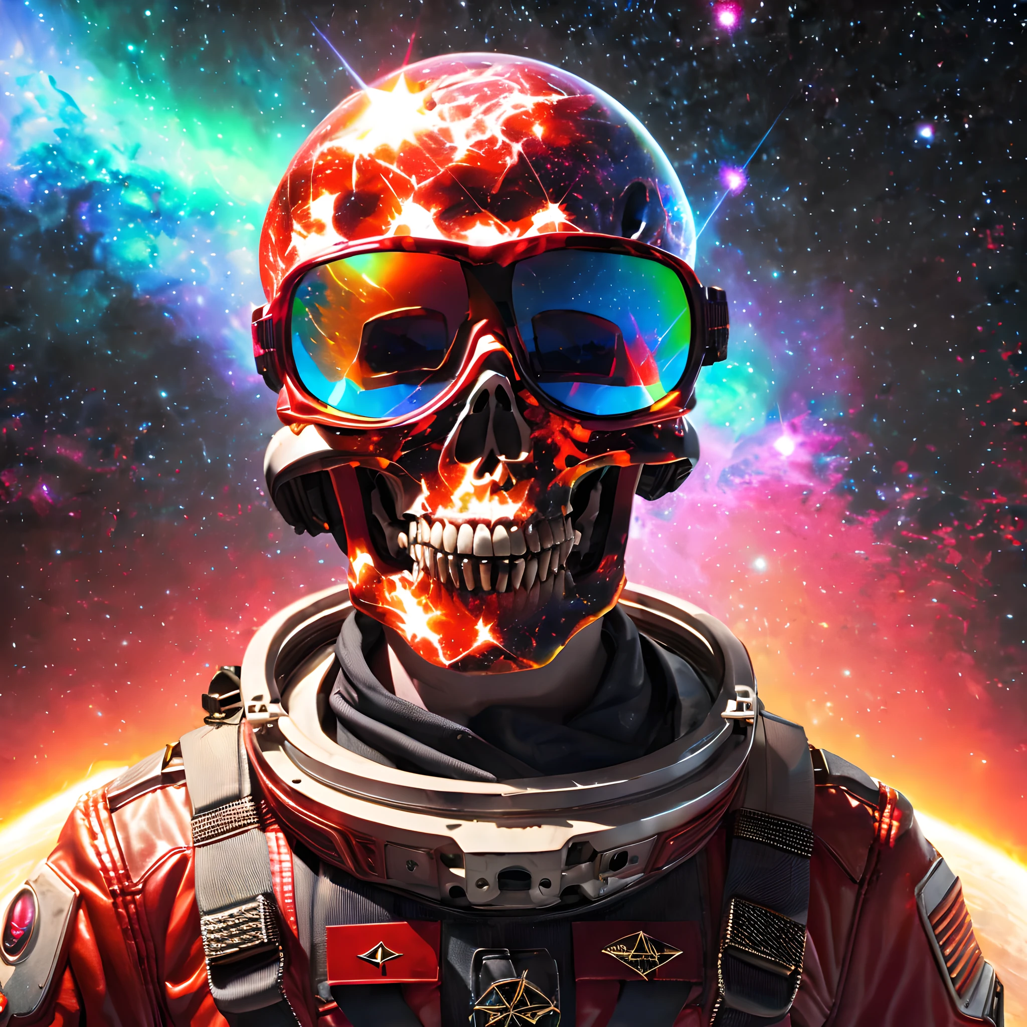(Best quality),(masterpiece),(ultra detailed),(4k resolution),(extremely detailed),Midjourney style of detailed and intricate skull wearing red sunglasses| wearing cosmonaut suit| portrait and science fiction theme| aurora lighting| nebula and stars| stunning environment| volumetric lighting| vibrant