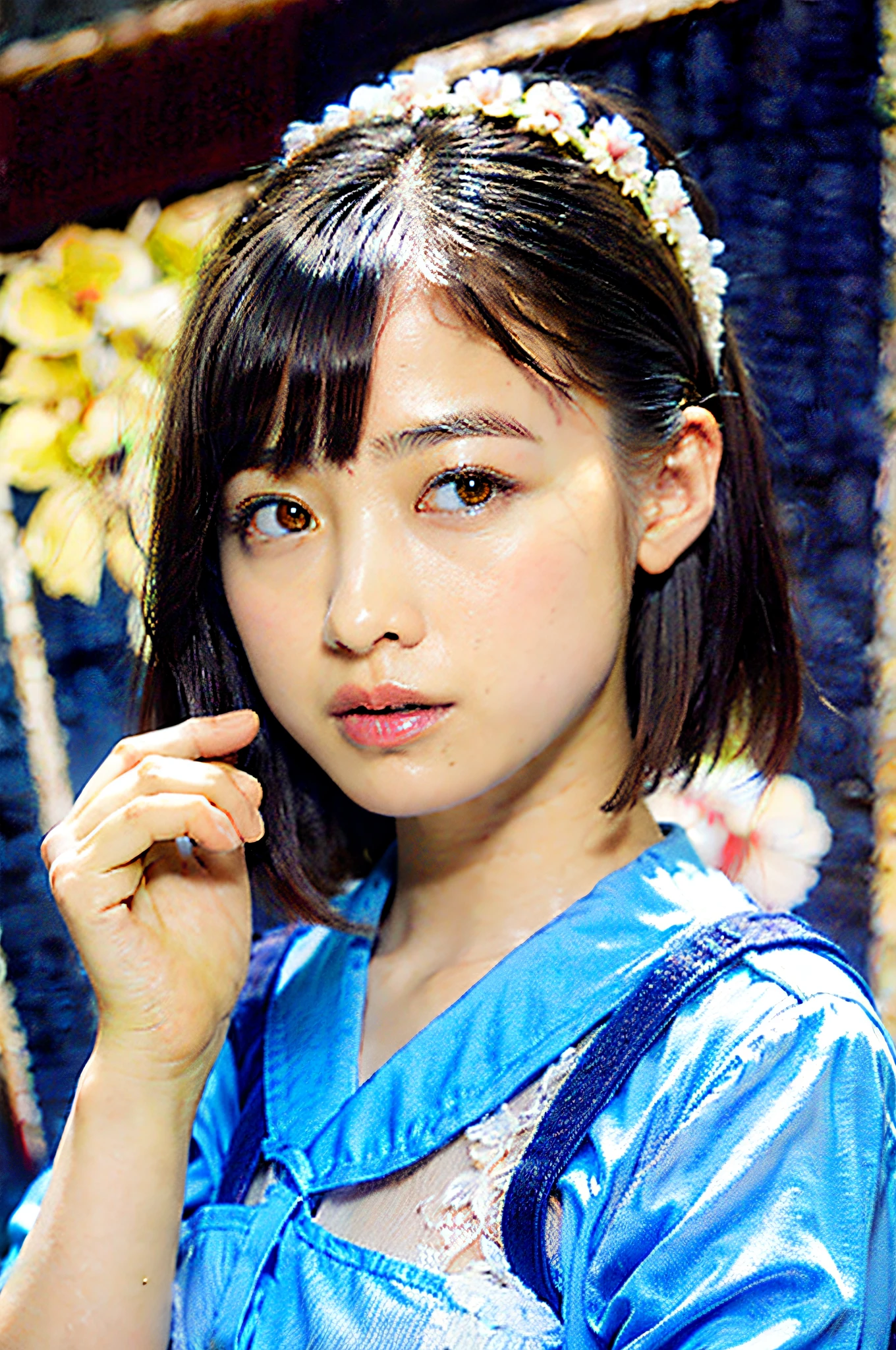 (Top quality details: 1.2), drooping eyebrows, realistic, 8K high resolution, ultra detail, high quality textures, (highly detailed CG: 1.38), high quality shadows, detailed beautiful delicate face, detailed beautiful delicate eyes, depth of field, ray tracing, (beautiful 25 year old cute Japan woman: 1), small breasts, glowing eyes, blush, perfect petite body, , raw photo, one girl, dark hair, Short hair, shiny skin, wet body, dramatic writing, upper body,, micro bikini, small, sagging eyes