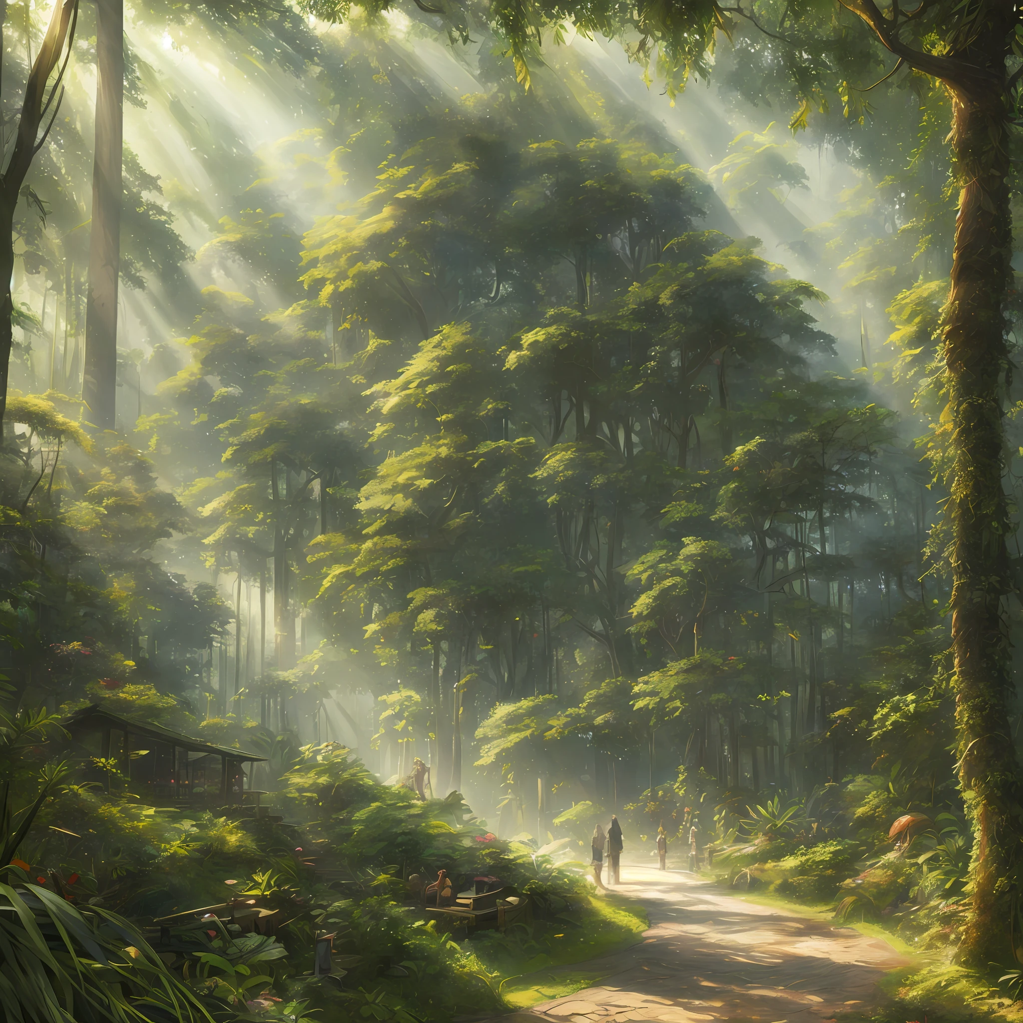 Digital illustration, detailed and intricate, of a dense jungle filled with exotic plants and animals, the sunlight filtering through the canopy creating a dappled effect. In the style of Yoshitaka Amano and Hayao Miyazaki, masterpiece, proportional, detailed, trending on artstation, beautiful lighting, realistic, intricate, award winning, 4k, highest quality Award-winning, 4K digital painting in the style of Yoshitaka Amano. Detailed and intricate depiction of a zombie apocalypse, masterfully capturing the chaos and drama of the scene. Beautiful lighting and cinematic composition make this piece a true masterpiece, trending on artstation --auto --s2