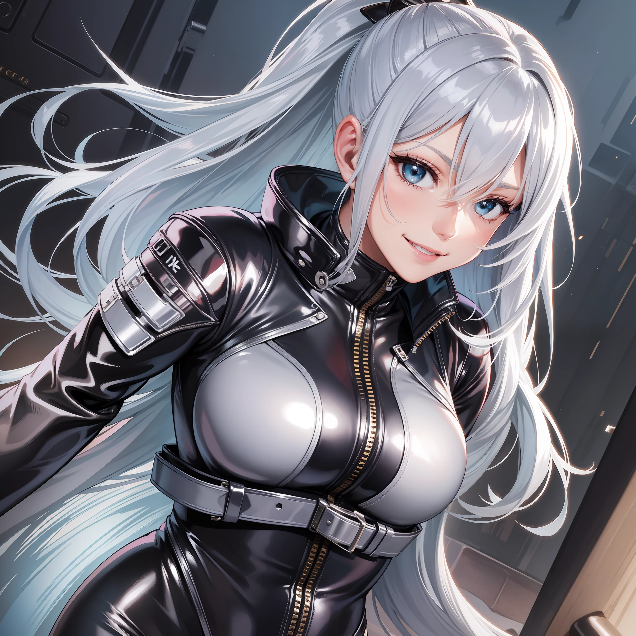 Bodysuit Leather Jacket Girl Silver Hair Smile Long Hair Ponytail High Quality Masterpiece