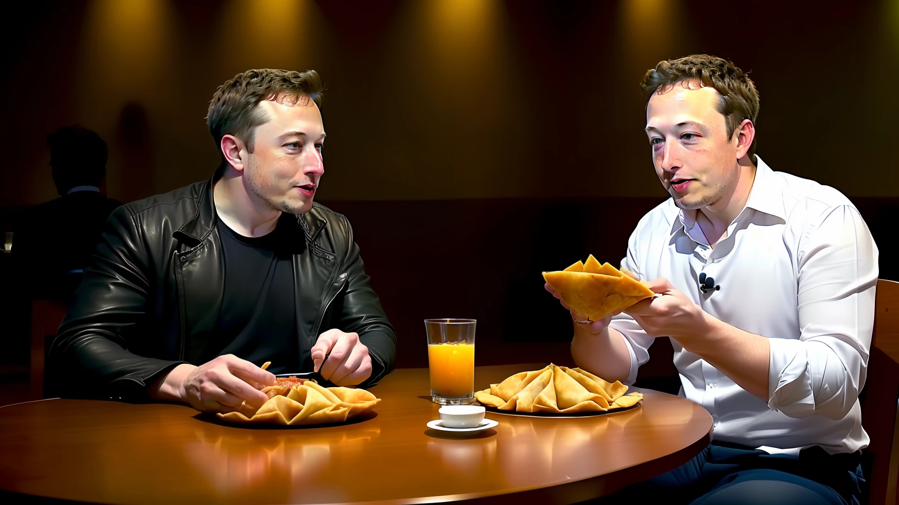 Detailed photo of Elon Musk sitting together with Mark Zuckerberg ,eating samosa at table, hip level shot, detailed face, photo realistic, two men sitting together at table, Elon musk and Mark Zuckerberg eating samosa at table, 8k resolution,