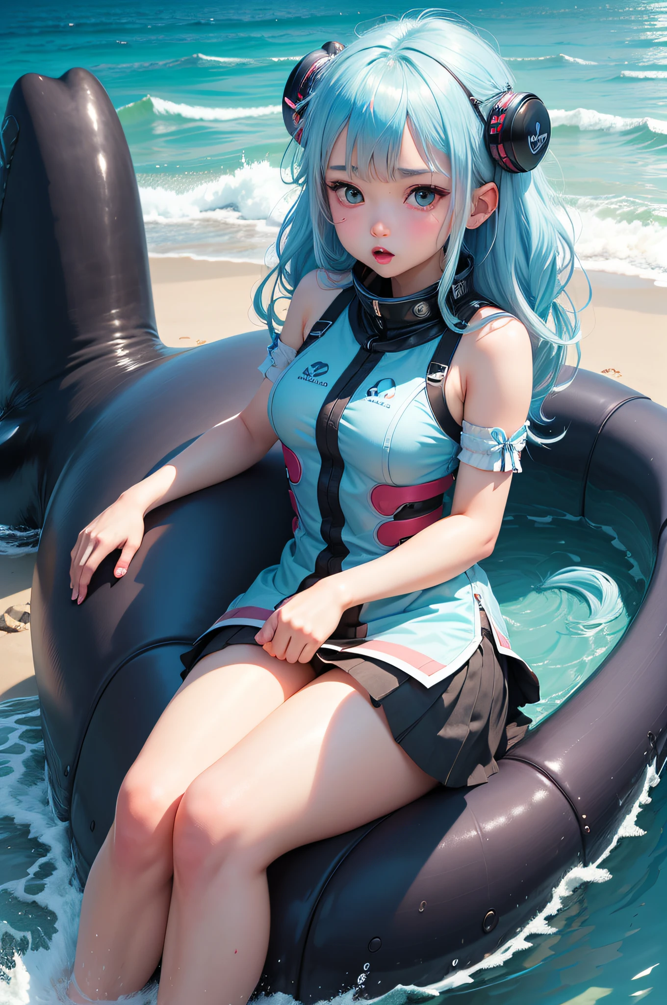 A girl sits on a whale, Navigate the ocean, light blue hair, heart-shaped pupils, moaning, anime, bloom, three sided view
