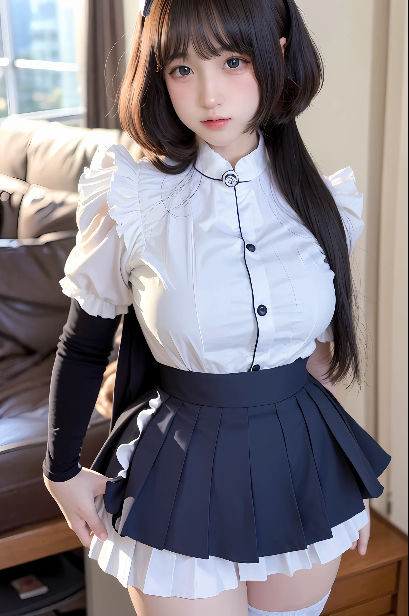 (8k, original photo processing, best quality, masterpiece: 1.2, thighs,), (realistic, realistic, photo realistic: 1.37), ultra-detailed,
Beautiful and delicate eyes, beautiful delicate nose, huge, JK uniform, pleated skirt, stockings