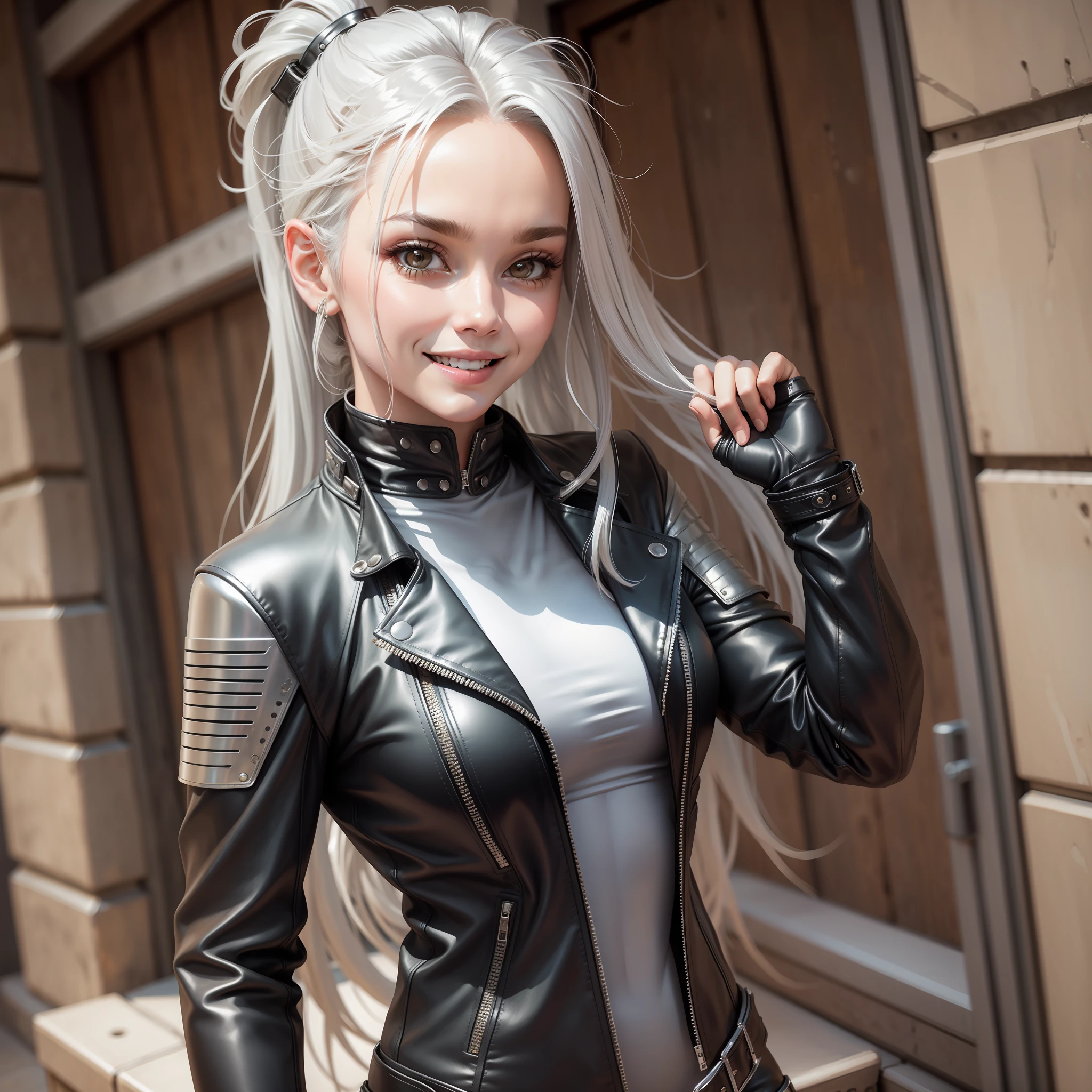 Bodysuit Leather Jacket Girl Silver Hair Smile Long Hair Ponytail High Quality Masterpiece
