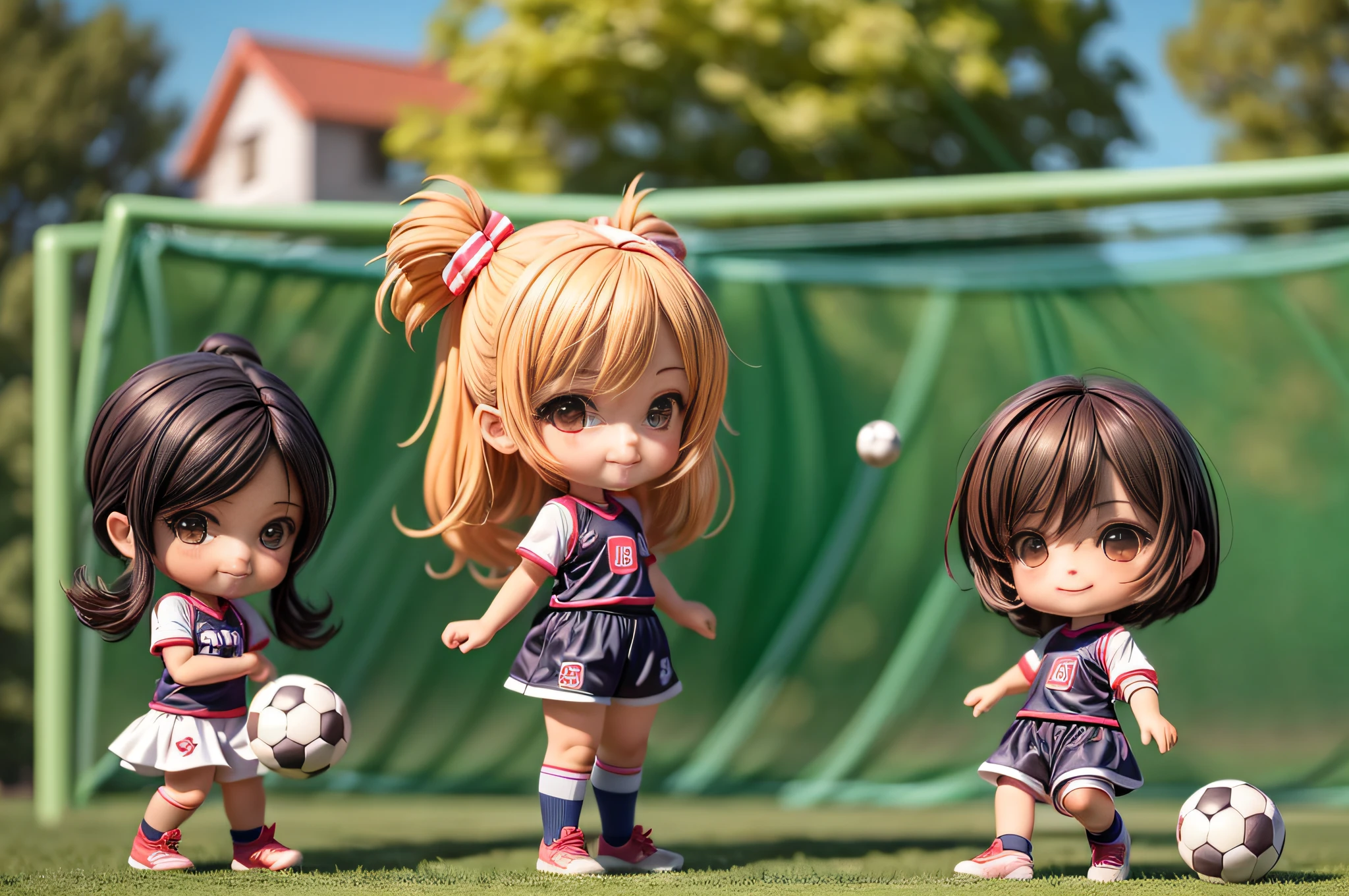 (masterpiece),(best quality),(ultra-detailed),(full body:1.2), chibi, cute, smile, 2boys of and 2girls of 8yoroublemaker, play together, ((kick the ball, play soccer)).