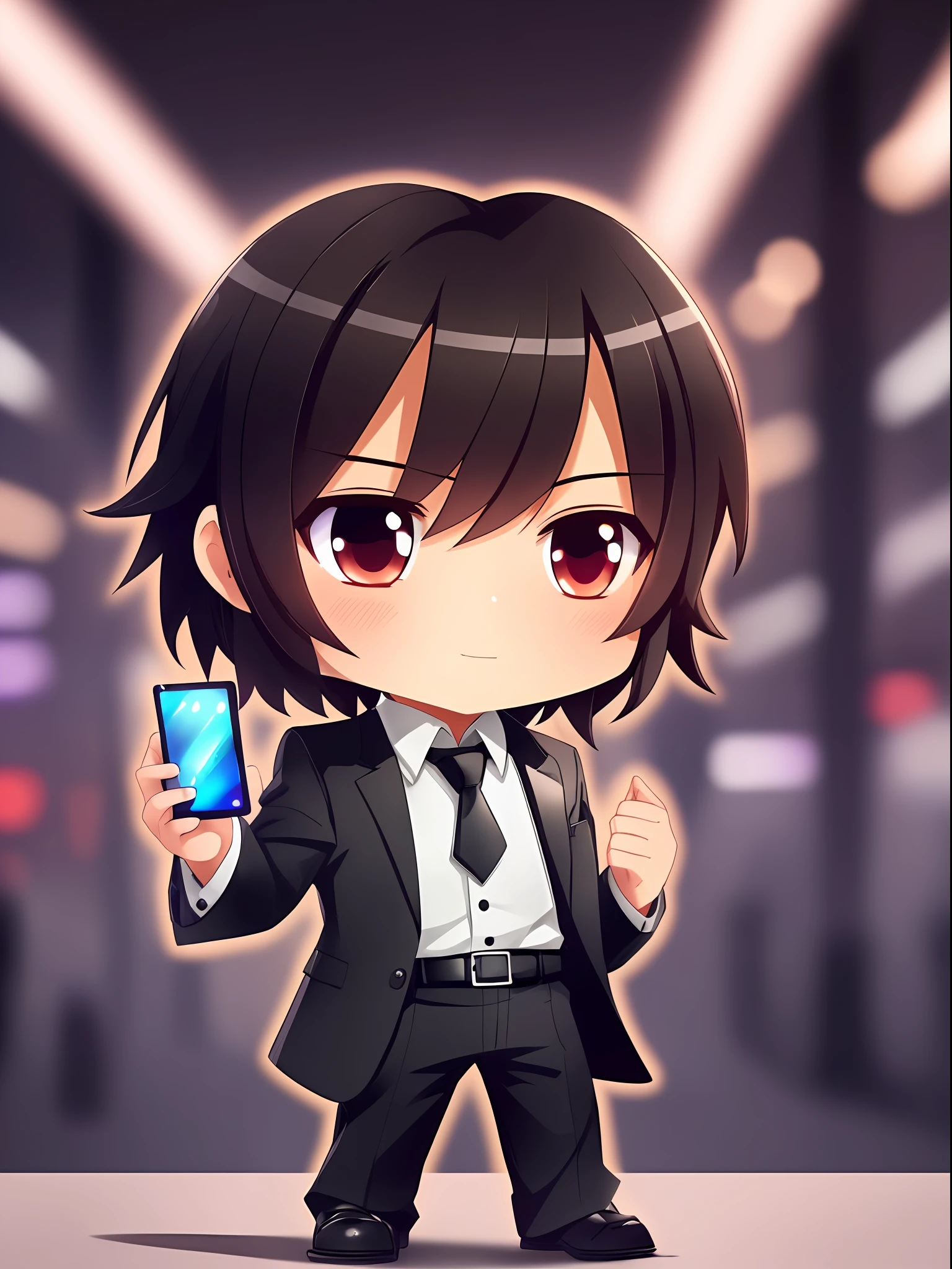 (Best Works:1.4),(Cute),(Illuminated),(Holding a smartphone),(Blushing),(Businessman),(Black suit),(Long pants),(White shirt, no tie),(Brown hair),(Gradient),(3D),(Full body:1.2),(Chibi character) --auto --s2