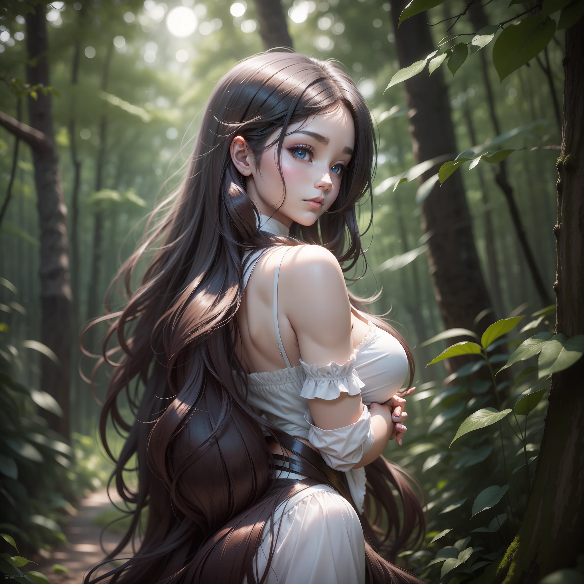 A captivating and enticing anime lady, a seductive anime temptress, a hyperrealistic portrayal of a schoolgirl in anime form. She exudes an aura of mystery and allure, with piercing eyes that hold a hint of mischief. Her flowing hair cascades down her back, adding to her enchanting presence. The background is set in a moonlit forest, with soft rays of moonlight filtering through the trees, casting a dreamy glow. Photographed by Rankin, using a Sony Alpha 1 with a 50mm lens, the lighting is a combination of studio lighting and natural moonlight, creating a magical ambiance. --v 5 --q 2