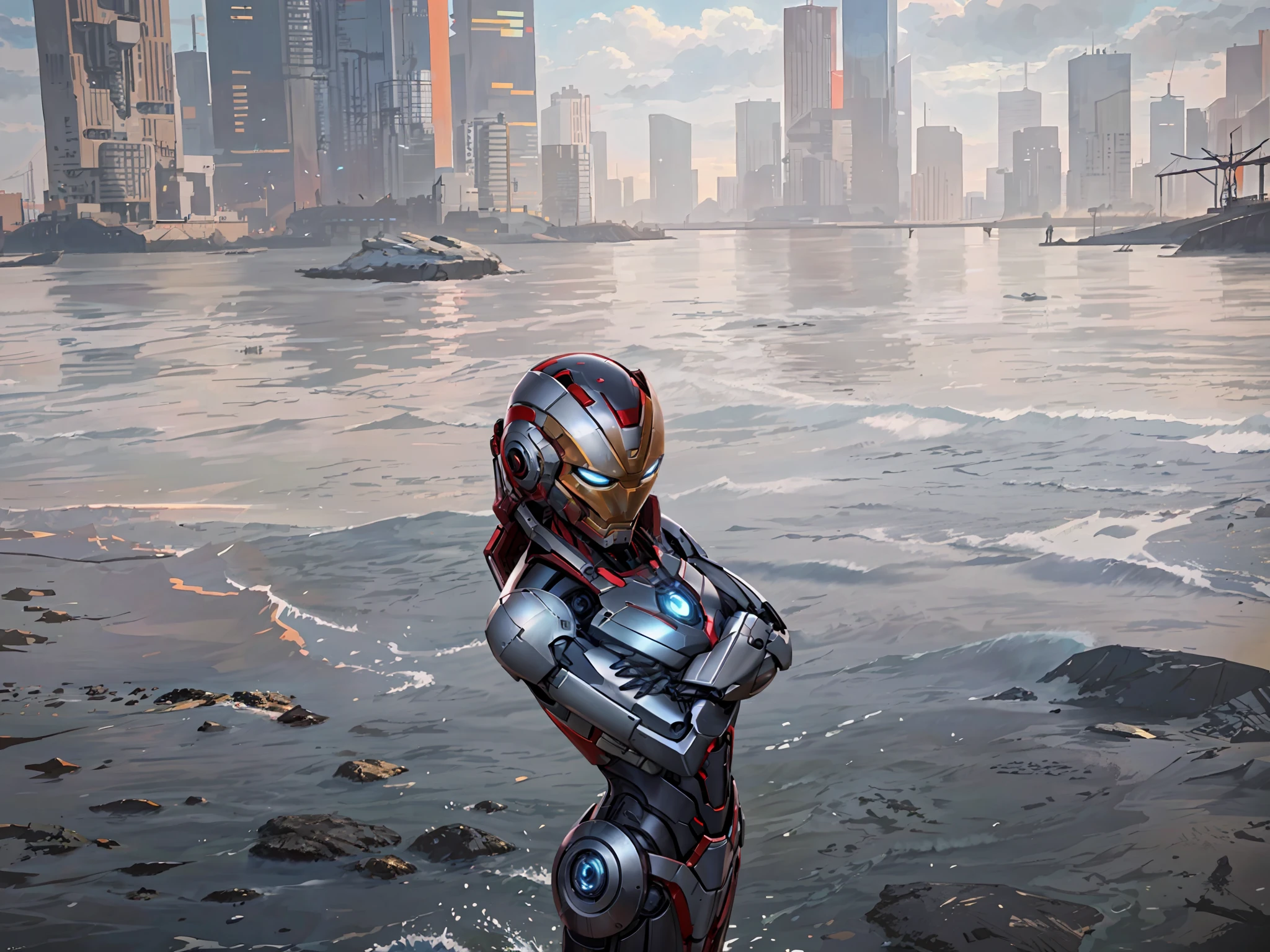 There is a female Iron Man standing by the water's edge with her arms crossed, standing at the water's edge, Iron Man, cyberpunk, wearing mecha, bust photos, fine, detailed, HD, high quality, masterpiece