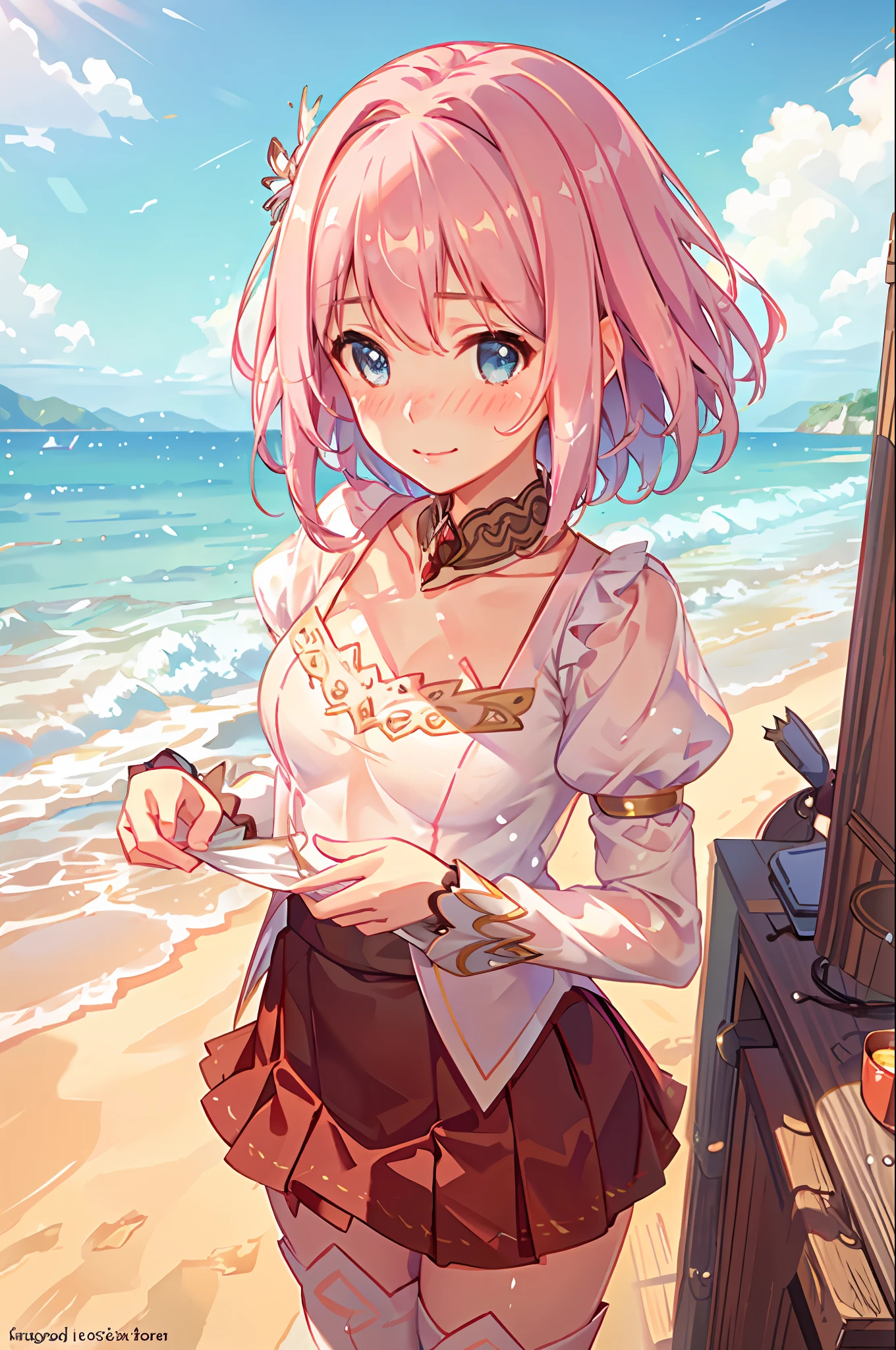(8k, masterpiece:1.21), (best quality:1.21), {an extremely delicate and beautiful},  (realistic, photo-realistic:1.3),(ultra detailed), high res,HDR, cinematic lighting, highly detailed background, perspective, bokeh, depth of field, ray tracing,
1girl, solo, cute, realistic skin texture, ((light on face)), (focus on face), (sharp focus), (nose blush), (beautiful detailed face:1.2), (blush:1.3), (beautiful perfect eyes), perfect skin,looking at viewer, (young girl:1.3), (small face:1.2), (slim thighs:1.2), (full body), (innocent smile:1.3),
yui, origin, short hair, pleated skirt, puffy sleeves, red skirt, thigh boots, thighhighs, white footwear, yui \(princess_connect!\), medium breasts,
huge infinity pool, standing in clean water, sunny, cloud, stunning beautiful sea in background, wet, wet skin, wet clothes, prestige resort, see through