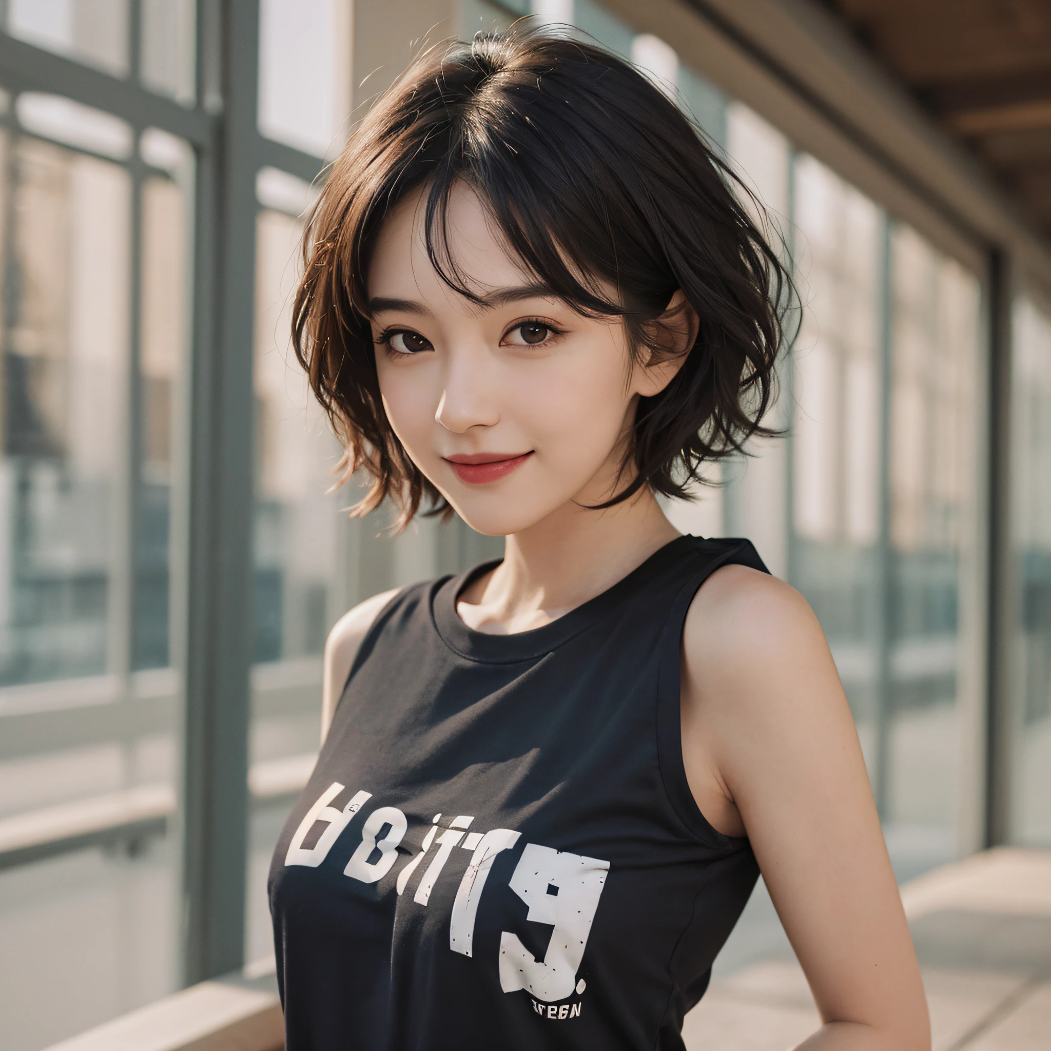 best quality, ultra high res, (photorealistic:1,4), 1woman,(nipple : tshirt : 18), black hair, short hair, brown eyes, full body, perfect face, smiling, looking viewer --auto --s2