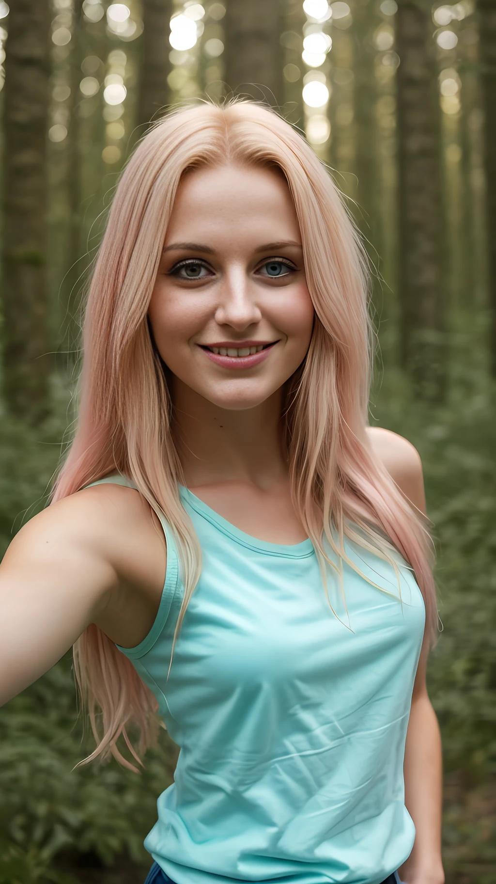 Pretty young woman shooting selfie with iPhone camera BREAK medium shot BREAK (gradient: 1.3) blonde pink BREAK film grain, medium quality, blue pupils, golden hair, straight teeth, smile, backlight, high material, flying kiss, hand details, no tattoos, long hair, high detail, in the wild forest, aurora, sky with nebulae