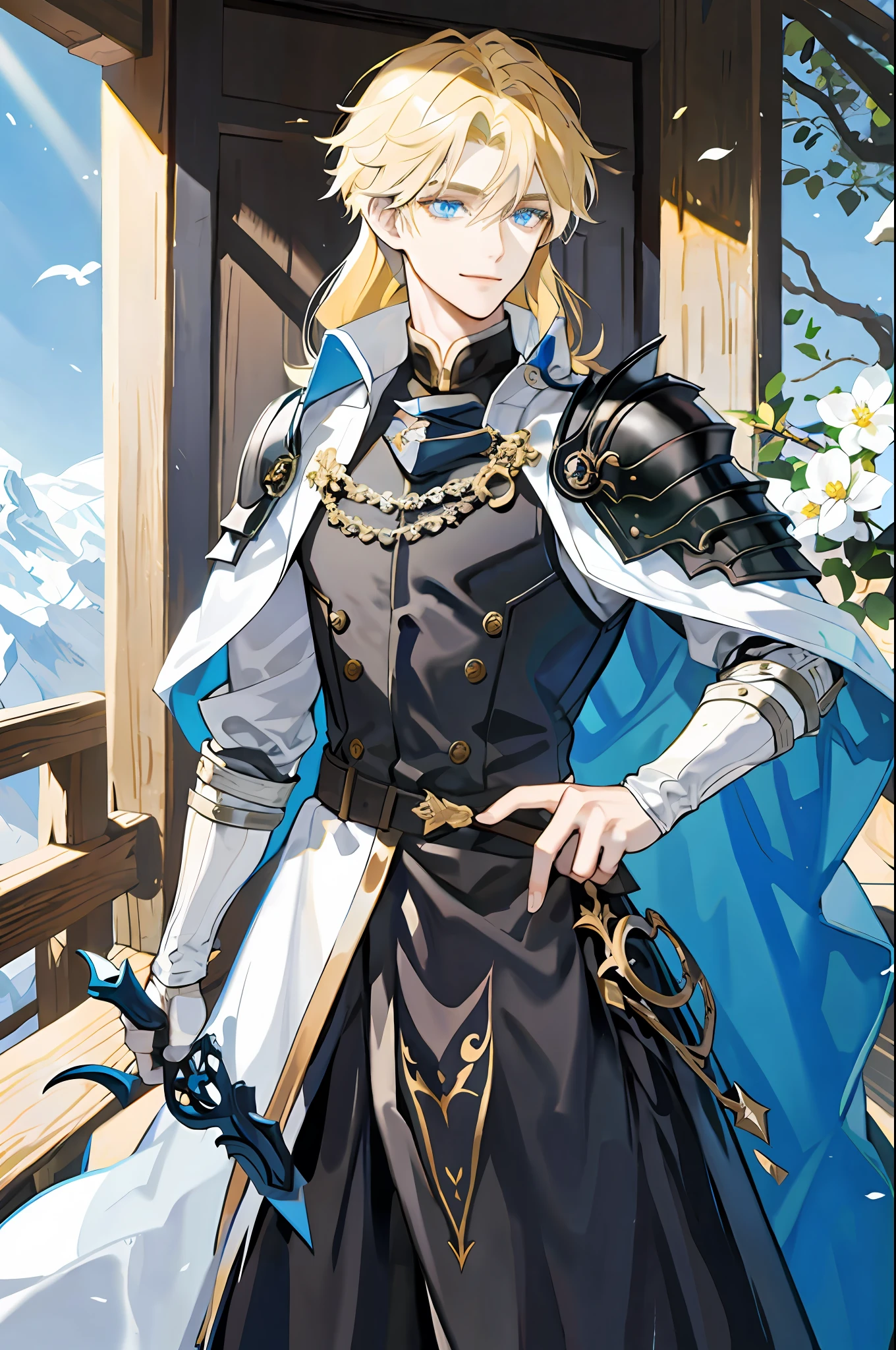 ((Masterpiece: 1.2, highest quality)), ((2 men)), long blond hair, blue eyes (handsome: 1.4), golden eyes (handsome: 1.4), strong black knight, short black hair, scar on right eye, white suit, uniform, royalty, black armor, fantasy, forest, blooming flowers, sunlight, fantastic light and shadow, landscape, highly detailed face, portrait, smile