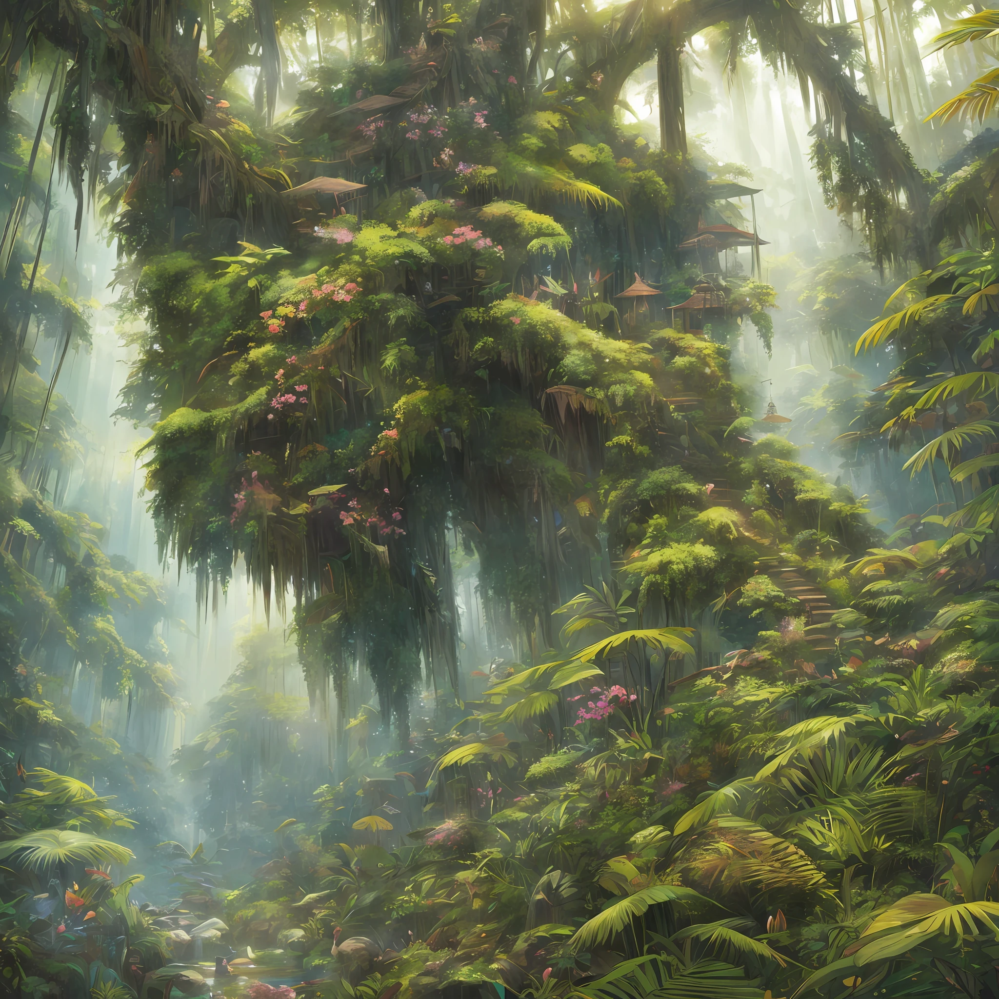 Digital illustration, detailed and intricate, of a dense jungle filled with exotic plants and animals, the sunlight filtering through the canopy creating a dappled effect. In the style of Yoshitaka Amano and Hayao Miyazaki, masterpiece, proportional, detailed, trending on artstation, beautiful lighting, realistic, intricate, award winning, 4k, highest quality Award-winning, 4K digital painting in the style of Yoshitaka Amano. Detailed and intricate depiction of a zombie apocalypse, masterfully capturing the chaos and drama of the scene. Beautiful lighting and cinematic composition make this piece a true masterpiece, trending on artstation --auto --s2