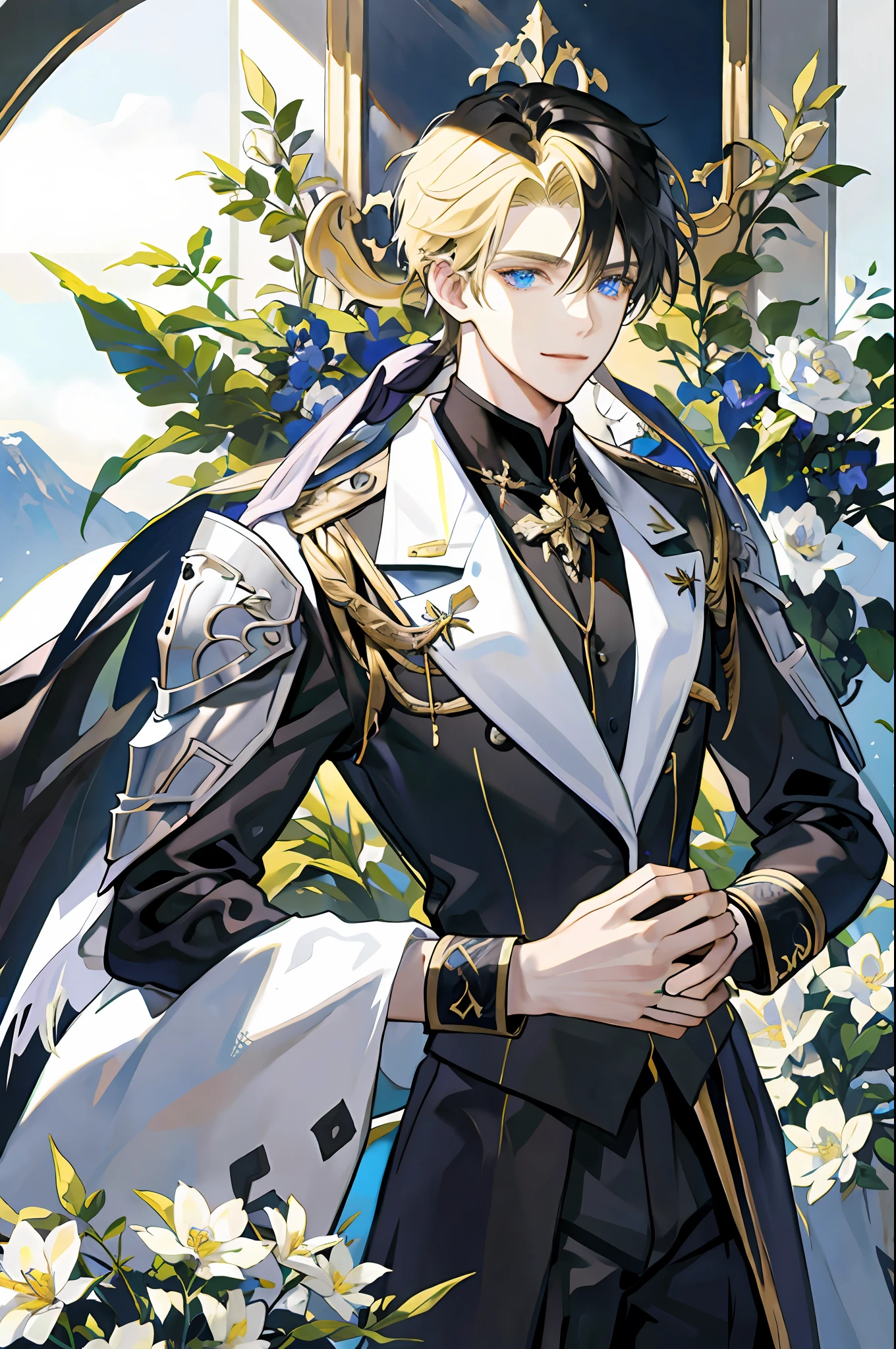 ((Masterpiece: 1.2, highest quality)), ((2 men)), long blond hair, blue eyes (handsome: 1.4), golden eyes (handsome: 1.4), strong black knight, short black hair, scar on right eye, white suit, uniform, royalty, black armor, fantasy, forest, blooming flowers, sunlight, fantastic light and shadow, landscape, highly detailed face, portrait, smile