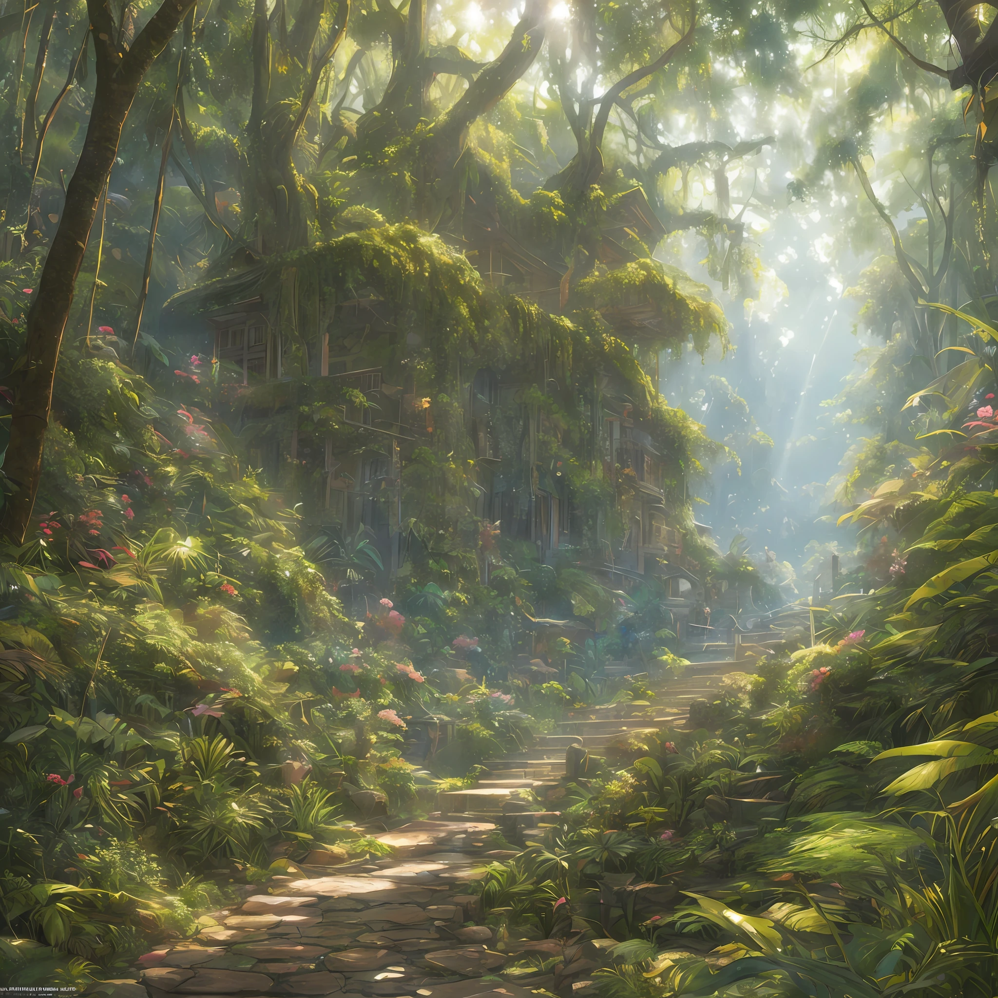 Digital illustration, detailed and intricate, of a dense jungle filled with exotic plants and animals, the sunlight filtering through the canopy creating a dappled effect. In the style of Yoshitaka Amano and Hayao Miyazaki, masterpiece, proportional, detailed, trending on artstation, beautiful lighting, realistic, intricate, award winning, 4k, highest quality Award-winning, 4K digital painting in the style of Yoshitaka Amano. Detailed and intricate depiction of a zombie apocalypse, masterfully capturing the chaos and drama of the scene. Beautiful lighting and cinematic composition make this piece a true masterpiece, trending on artstation --auto --s2