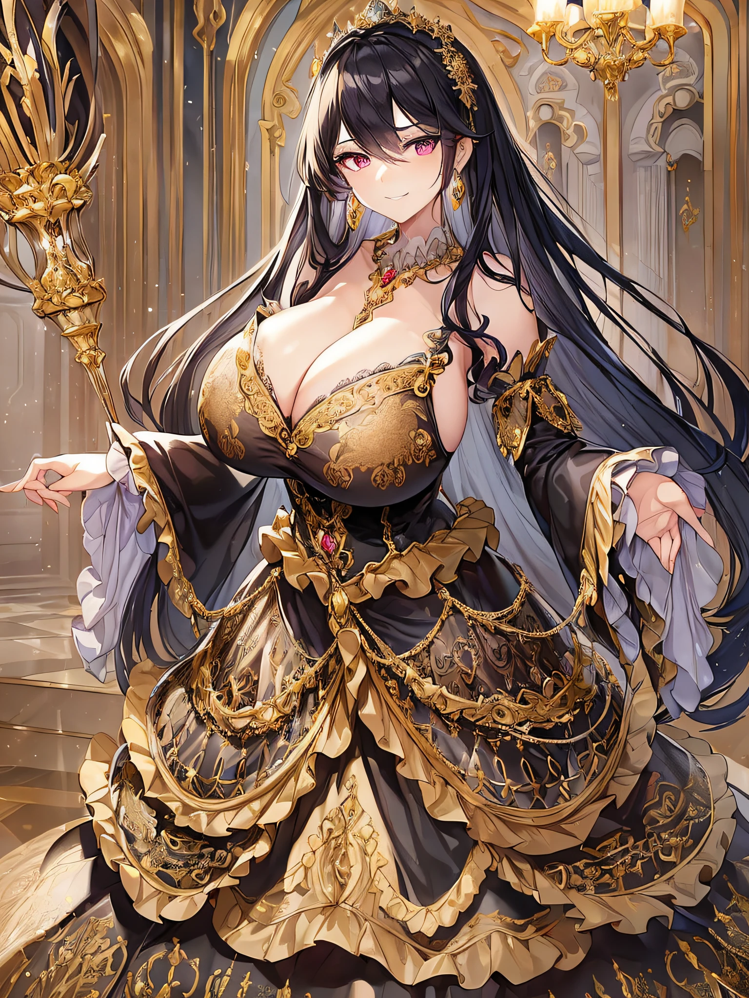 ((anime moe artstyle)),((Masterpiece)), (Best Quality), (Super Detail), Illustration, (((Very Delicate and Beautiful))),Dynamic Angle,Looking at viewer,((((Solo)))),(((Full body))),(((1 arrogant empress wearing gorgeous black ballgown with gigantic breasts))),(standing),dominant pose,(arrogant),(((haughty smile))),Purple eyes,(Sharp eyes),Detailed Face, Long Eyelashes,Jet Black Hair,Straight Hair,((volumey Very Long Hair)),((Bangs between eyes)),((((gigantic breasts,Huge breasts,Bulging breasts,Long breasts)))),cleavage,((skindentation)),curvy,off shoulder,See-through,(((luxurious lace and ruffled black and gold rococo ballgown adorned with abundant jewels and gorgeous embroidery))),(((voluminous black and gold rococo dress like a princess with a flared hemline))),(fluffy rococo ball gown with gorgeous embroidery and lace),((gold trim)),(((hoop skirt))),long skirt,corset,crinoline,opera gloves,Beautifully Gorgeous jeweled big tiara,Beautifully Gorgeous gem earrings,Beautifully Gorgeous jeweled necklace,Beautifully Gorgeous jeweled ornaments,indoor,light particles,royal palace,