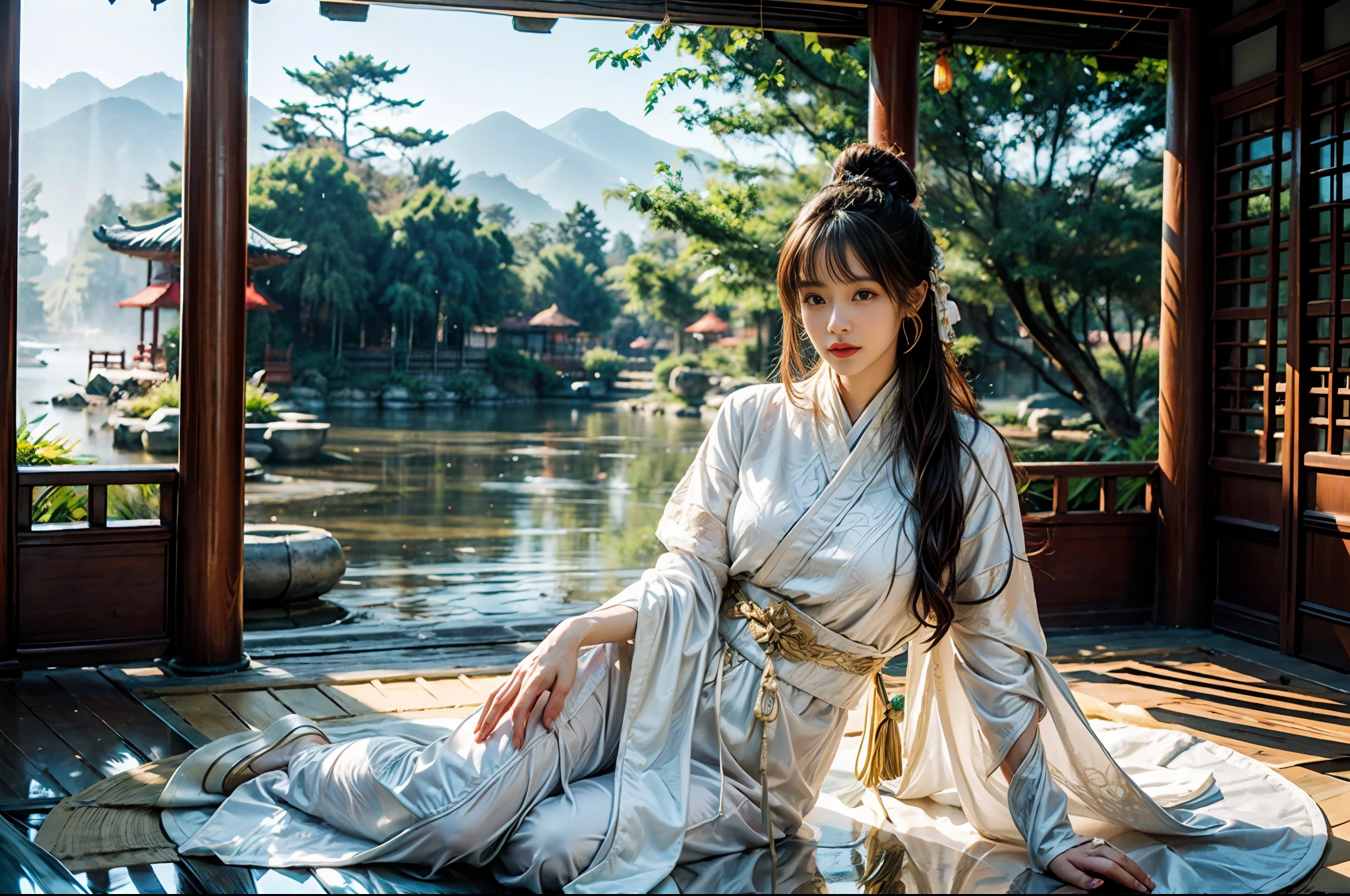 realistic, big vista, wide angle lens, intricate details, super detailed, natural skin texture, 1 girl, hair bundle, bun, beautiful Chinese woman in white hanfu robe cloak, fairy, white mist, golden light, white mist, outdoors, in Hangzhou West Lake, in ancient Chinese pavilion, (colorful, vivid, sunny, cool light: 1.2) lotus leaves in pond, delicate facial details, dynamic poses, exquisite details, wide view, epic details, global illumination - ar 3:2 - Q 5 - V 5.1 - Style RAW-S 750, style influenced by ancient Chinese art, complex, high detail, sharp focus, dramatic, photorealistic painting art, lotus leaf, spring rain, bright, light, atmospheric, bright tones of spring, super detail, 16k, best quality, soft light, space, crystal clear, natural light, surreal photography,