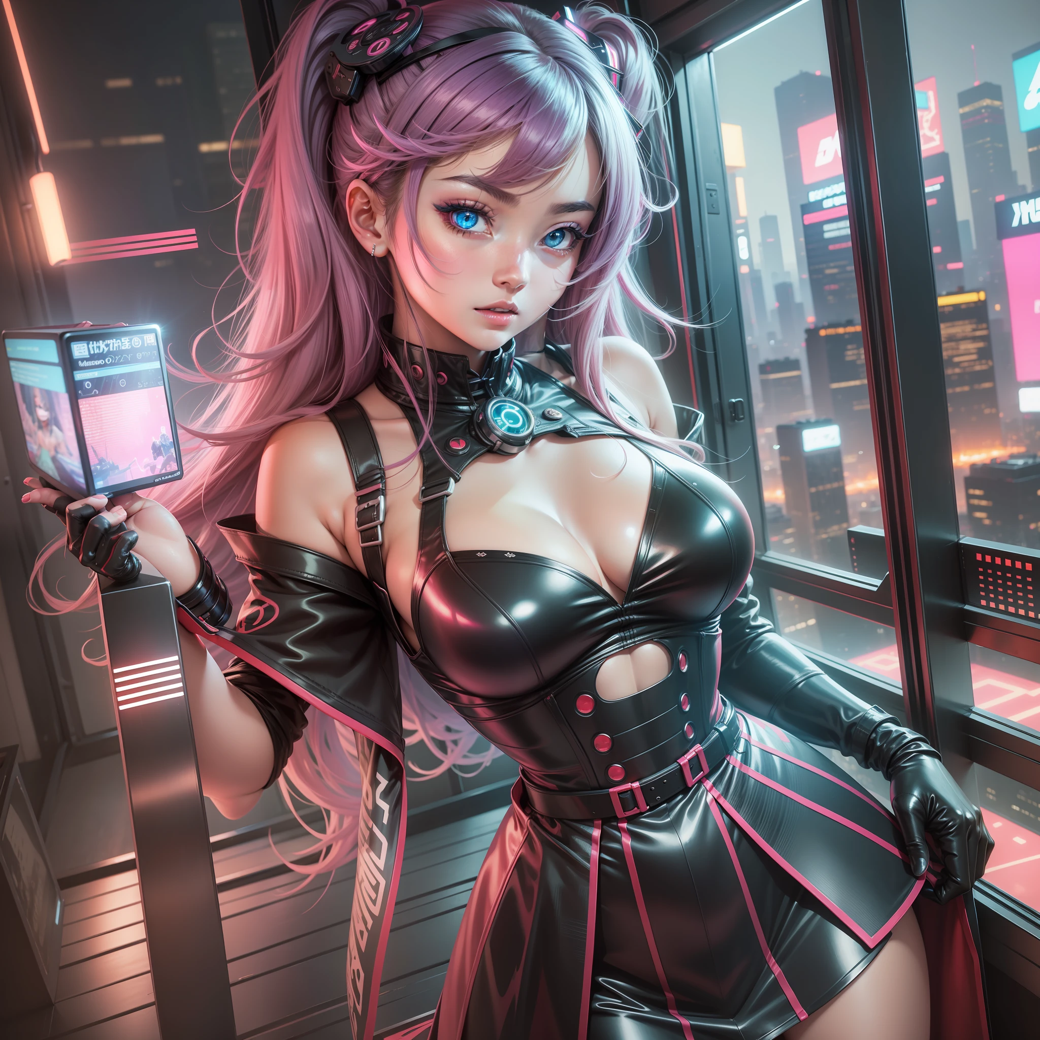 A captivating and enticing anime lady, a seductive anime temptress, a hyperrealistic portrayal of a schoolgirl in anime form. She stands atop a skyscraper, overlooking a futuristic cityscape bathed in neon lights. The city below buzzes with energy, matching her vibrant personality. Her eyes glimmer with a mix of confidence and mischief, drawing you into her world. Photographed by Mario Testino, using a Fujifilm GFX 100S with a 35mm lens, the lighting is a combination of cinematic lighting and vibrant colored gels, creating a dynamic and visually stunning image. --v 5 --q 2