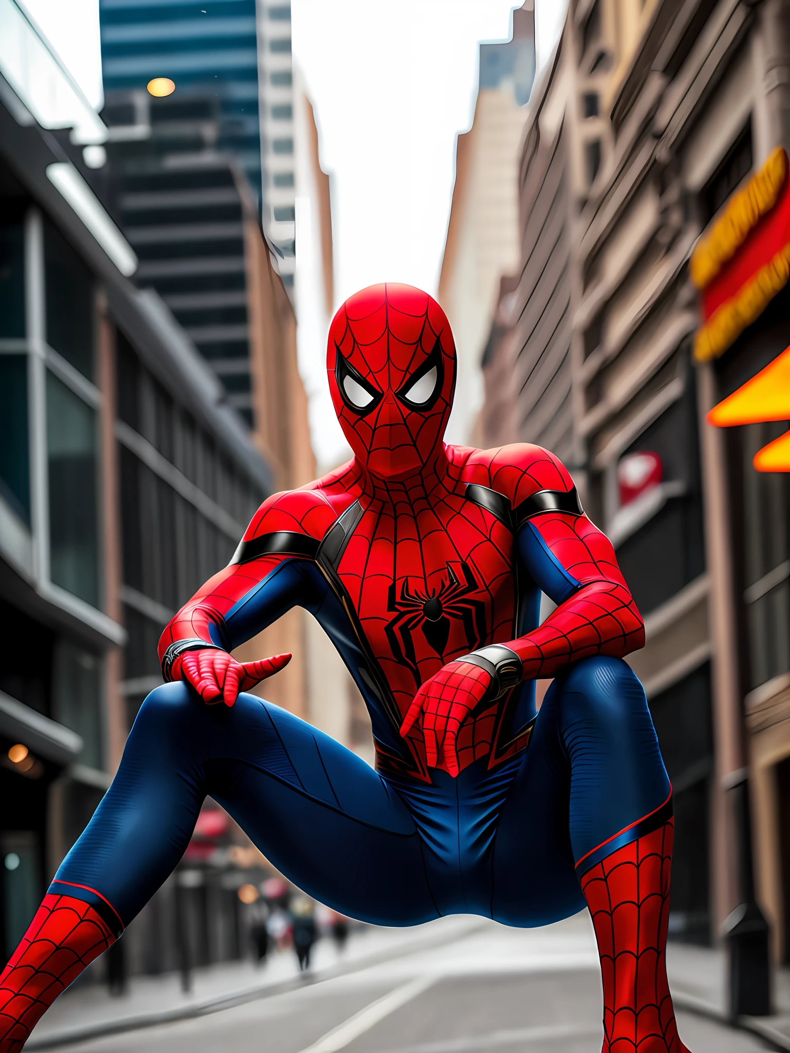 A male wearing a Spider-Man mask and costume with sexy clothing highlights, natural skin texture, 4K texture, HDR, complex and highly detailed with clear focus, movie-like appearance, and super-detailed background blur depth of focus