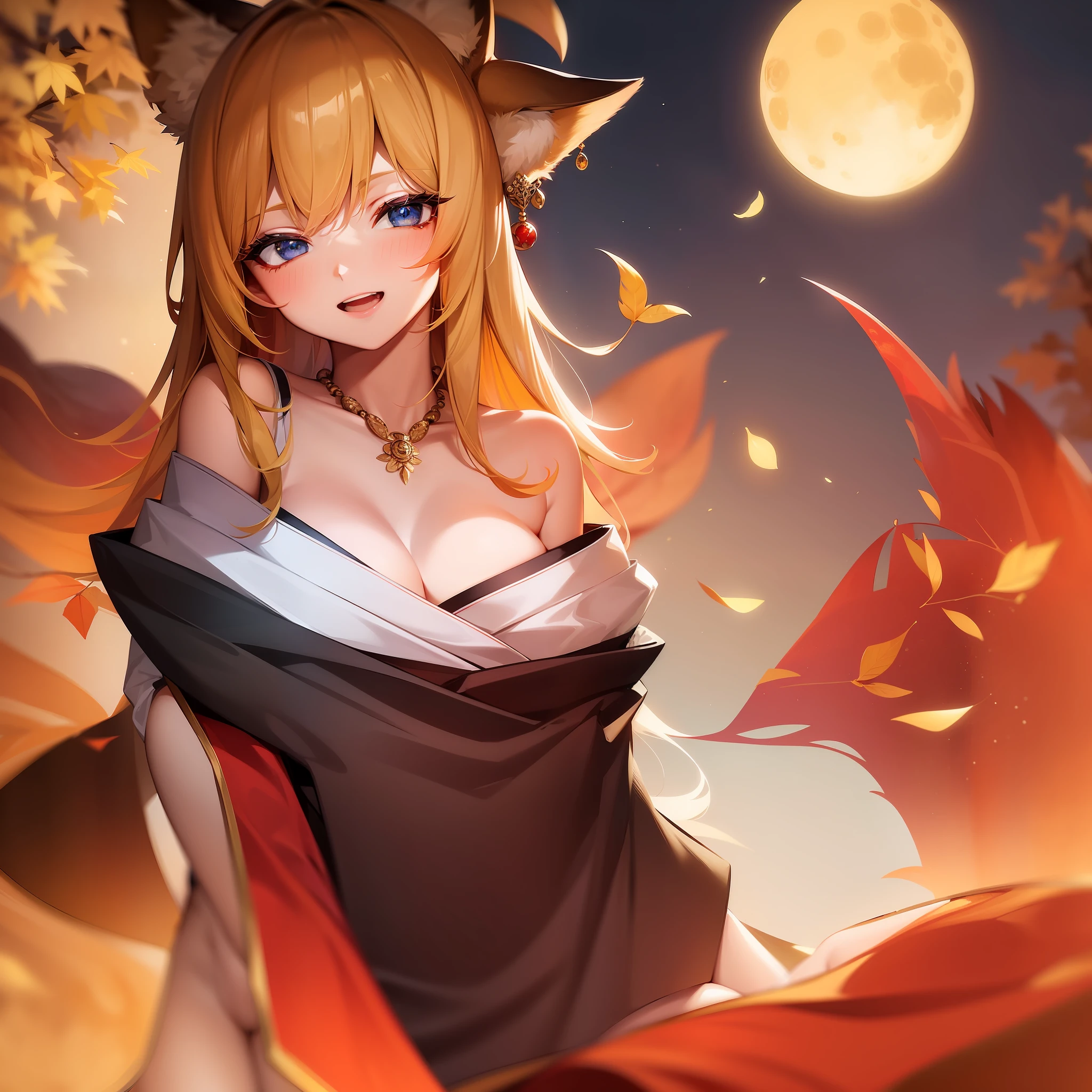Top quality, masterpiece, Masterpiece, Masterpiece, 1 woman, 22 years old, Fox personification, Close eyes, smile, open mouth, blush, red moon, yellow skin, blue eyes, yellow hair, white inner color, white thin kimono, night autumn leaves, cleavage, double teeth, small necklace