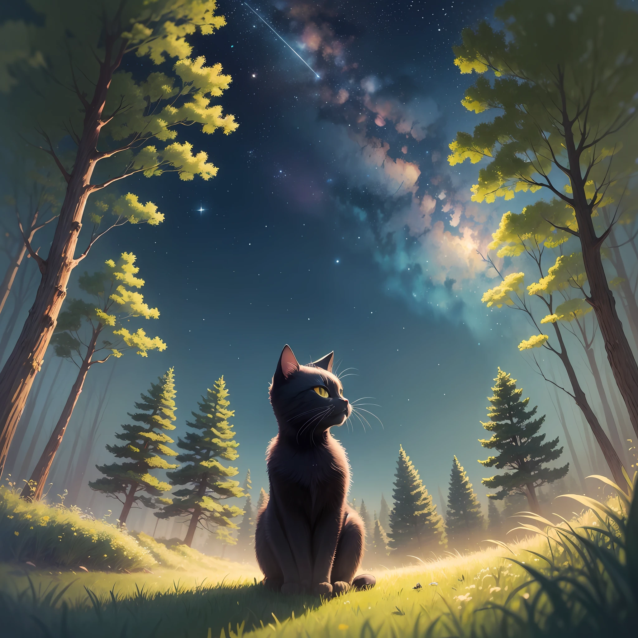 Illustration, children's picture book, by Asaf Hanuk and Akira Toriyama, the lonely little black cat is in the forest, looking up at the starry sky in the grass, close-up, symmetrical thecomposition --ar 3:4 --niji 5 --style expressive. --auto --s2