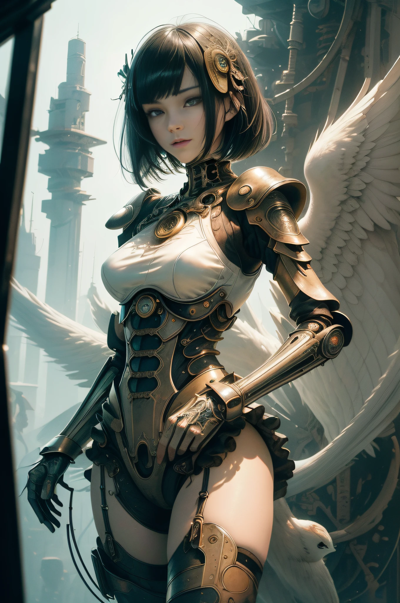 [Detailed illustrations, art based on extremely ideal anatomy, very detailed and detailed drawings, slow and delicate lines, realistic texture expression],((Color tressed lines)),(Artwork with outstanding craftsmanship),(Western ghost town background),HENTAI ANIME Girl Japanese Beauty  Skinny (slender) Short bob cut (( Straight cropped bangs)) (AUTOMATON) ((Ballerina)),(Swan) Tutu dress (transparent material) ((Edge)),(Pearlescent),(Steampunk Alchemy),((Fine and beautiful skin expression (transparency)),(Perfect eye details (Beautiful iris drawn in detail) (Sharp pupil)),(Perfect and beautiful face (Realistic face details)),(( Perfectly proportioned proportions)),(Design built to a high level,((Advanced structural understanding)),Ideal color coordination),((Complex decoration (Ultra-dense detail))),(Detail,High Definition),[Ultra-precision detail,HighQuality,High Resolution,(Multilayer texture))],(Accurate simulation of light-material interactions, Understanding of air flow, mechanically correct expression))), ((visual art that conveys a sense of narrative)).